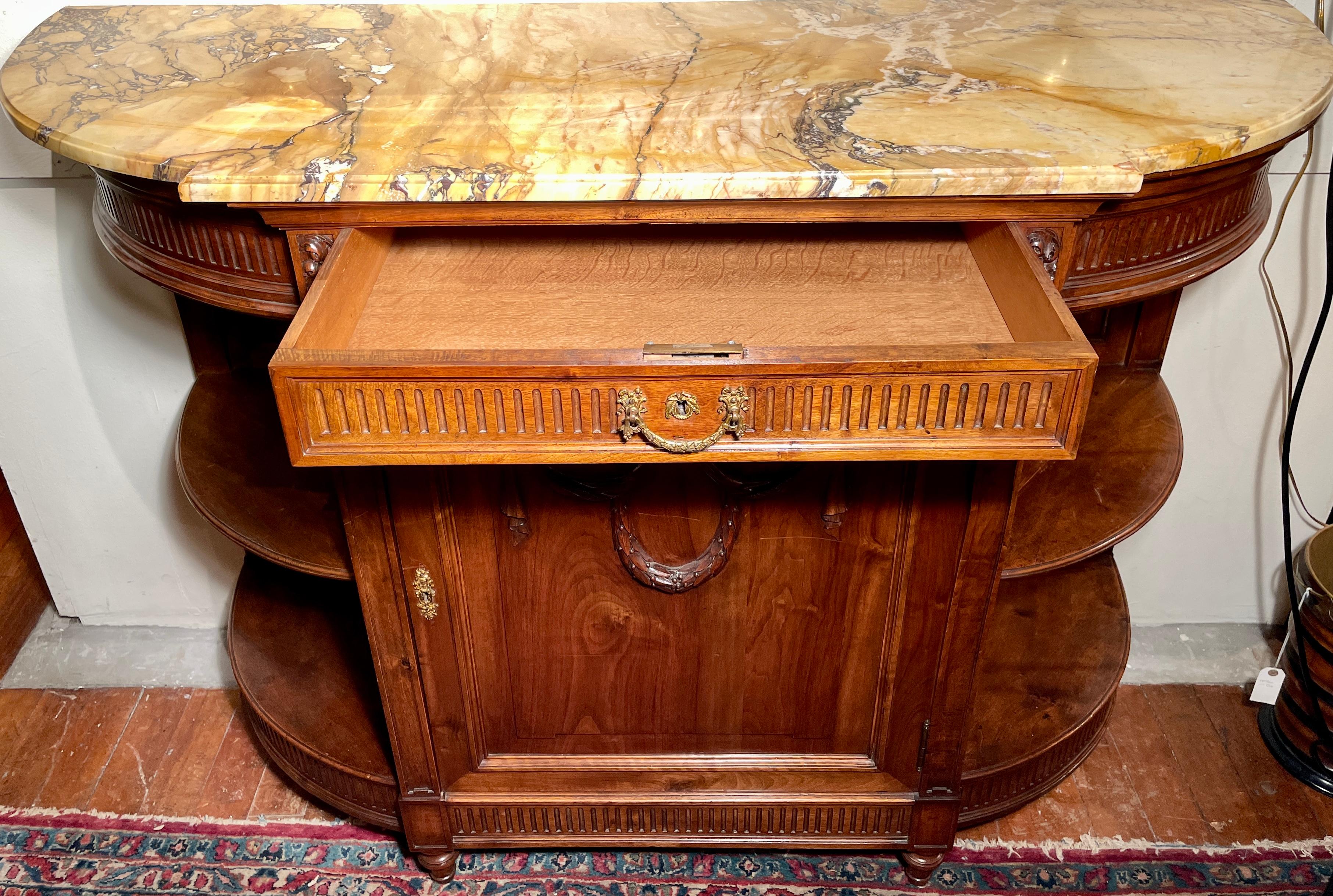 19th Century Antique French Carved Walnut Sideboard with Marble Top, Circa 1890. For Sale