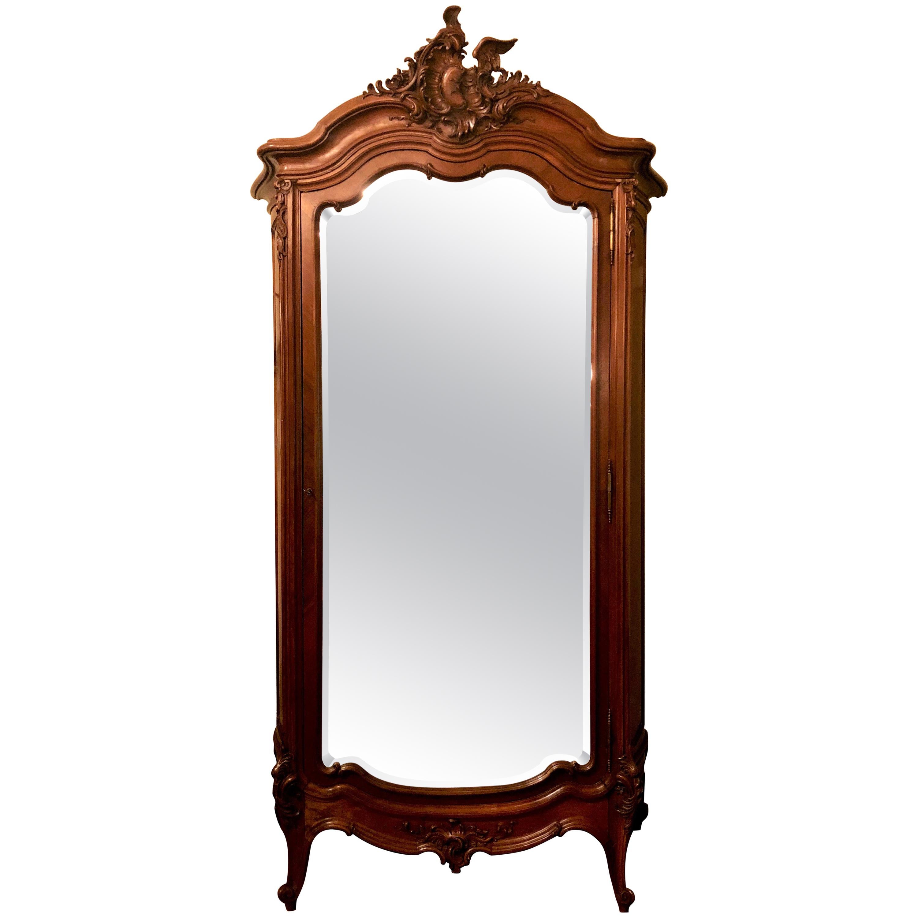 Antique French Carved Walnut Single Door Armoire Louis XV Style