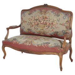 Antique French Carved Walnut & Tapestry Settee C1920