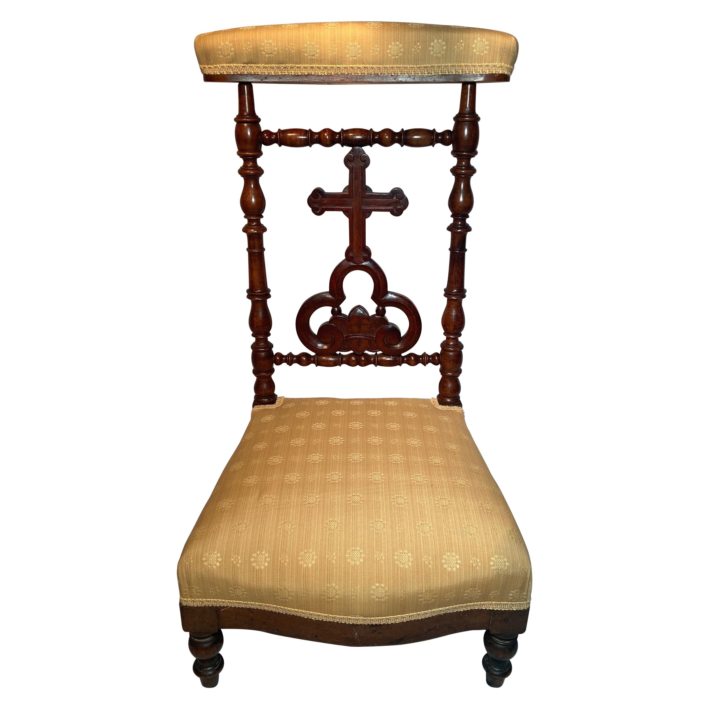 Antique French Carved Walnut Yellow Upholstered "Prie Dieu" Prayer Chair Ca 1860