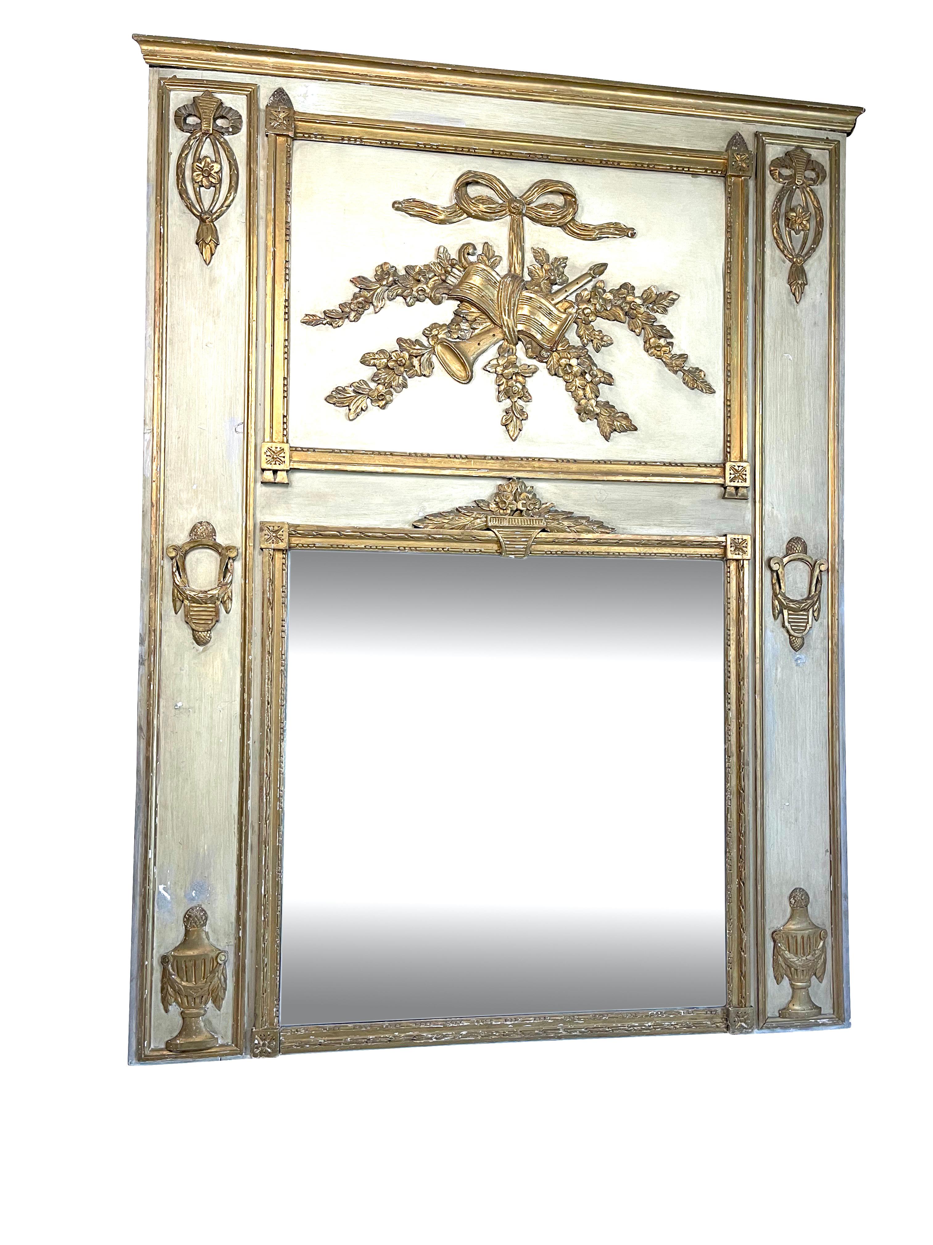 Antique French carved painted giltwood Trumeau mirror, white paint with gold decoration measuring 67