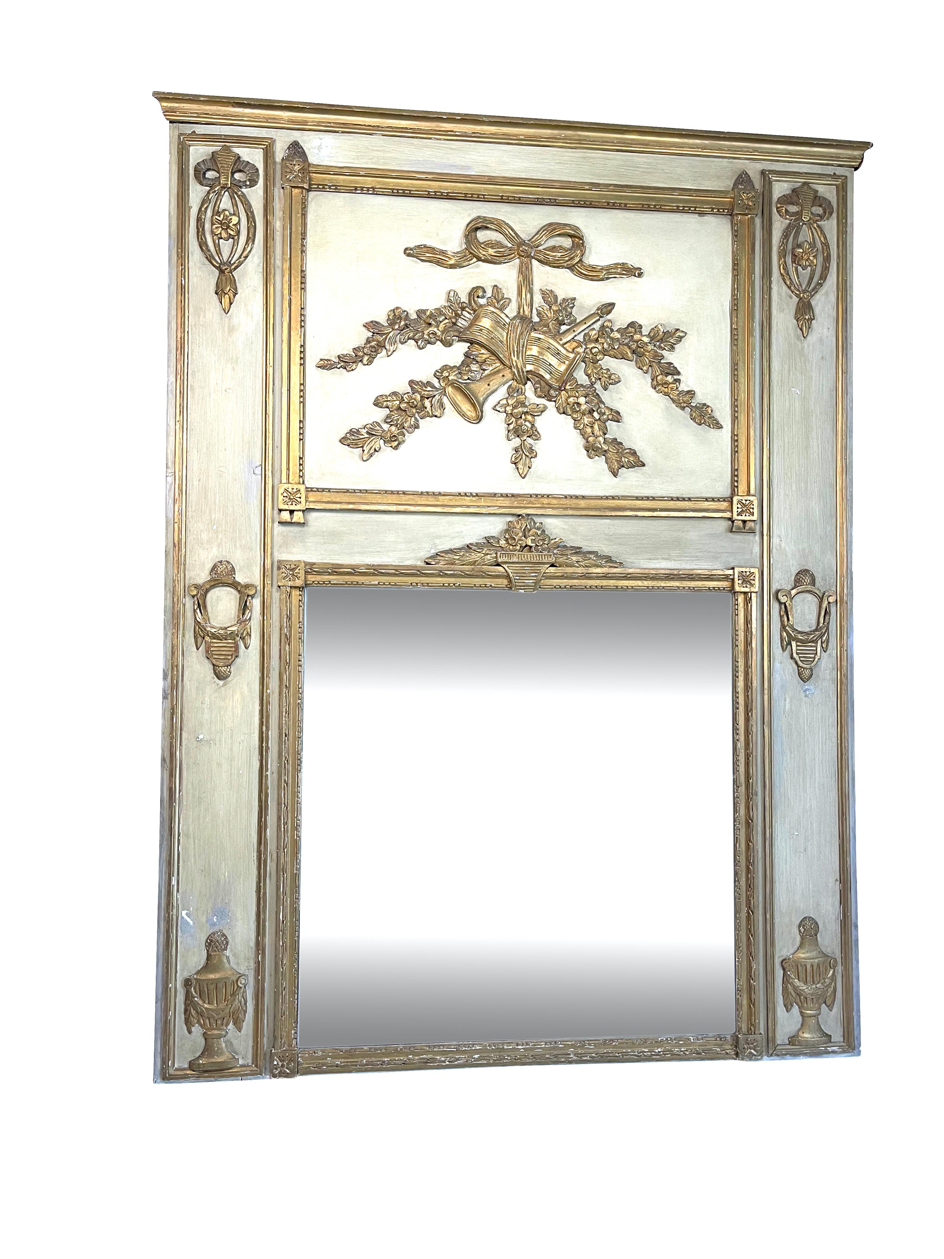  Antique French Carved Trumeau Mirror White and Giltwood In Good Condition In Essex, MA