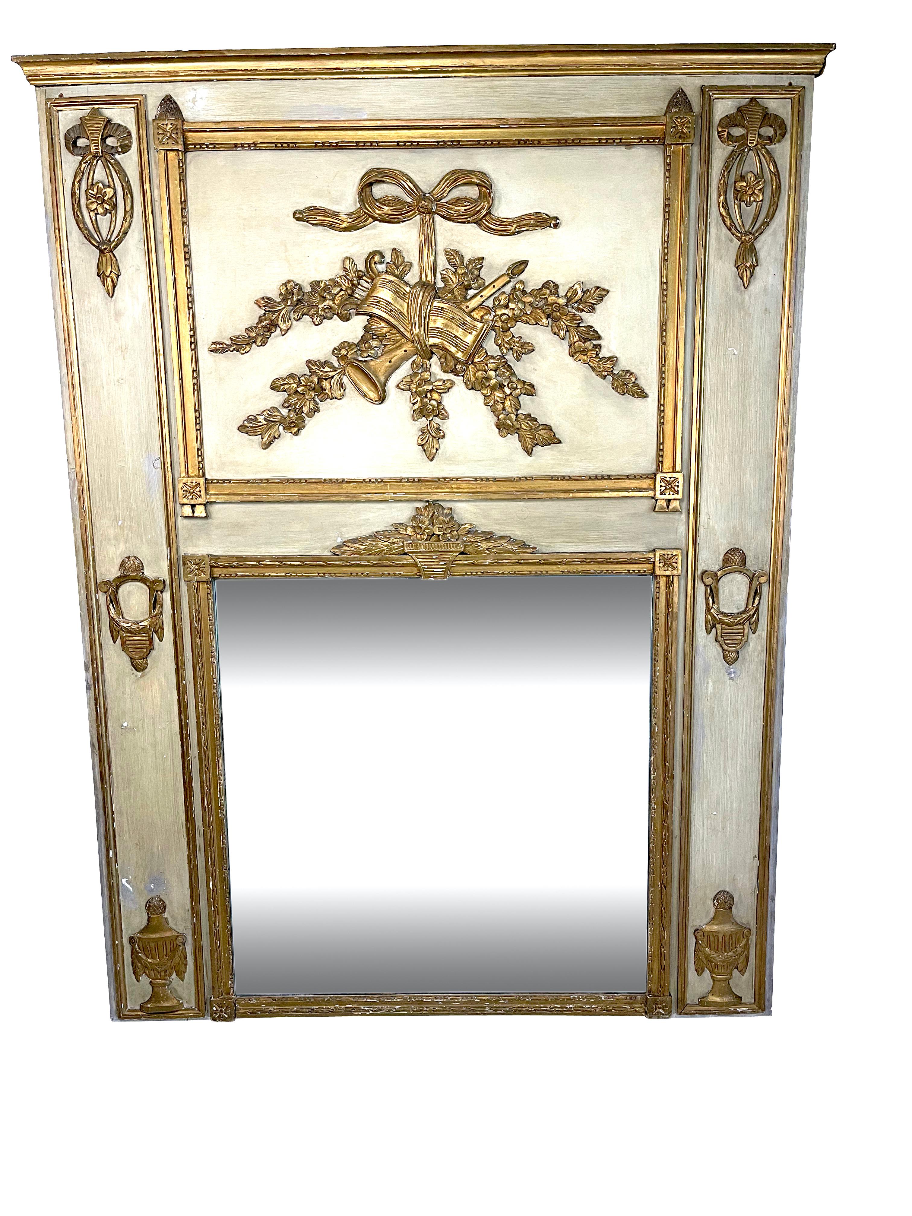 Late 19th Century  Antique French Carved Trumeau Mirror White and Giltwood
