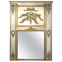 White and Giltwood Antique French Carved Trumeau Mirror