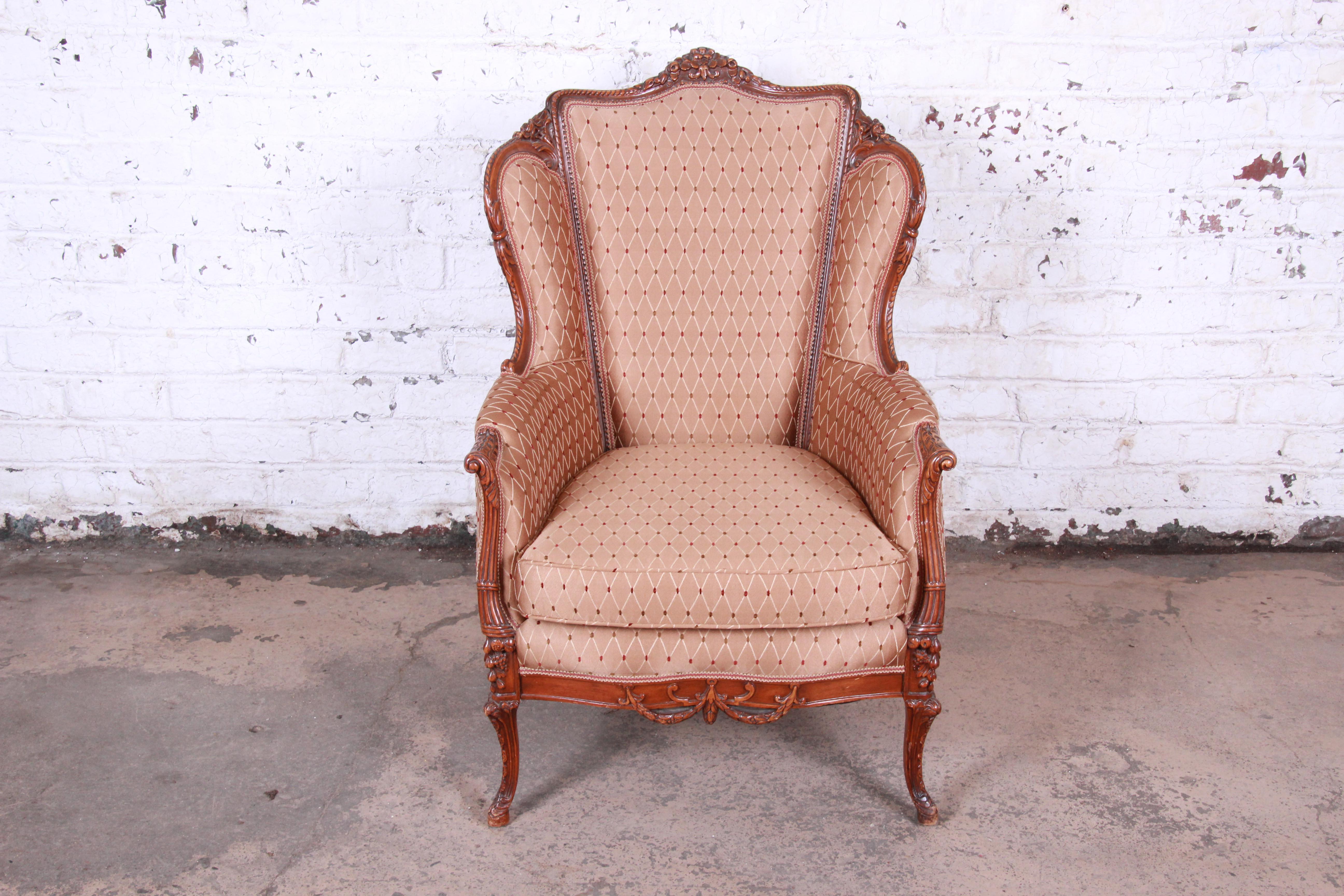 French Provincial Antique French Carved Wing Back Lounge Chair
