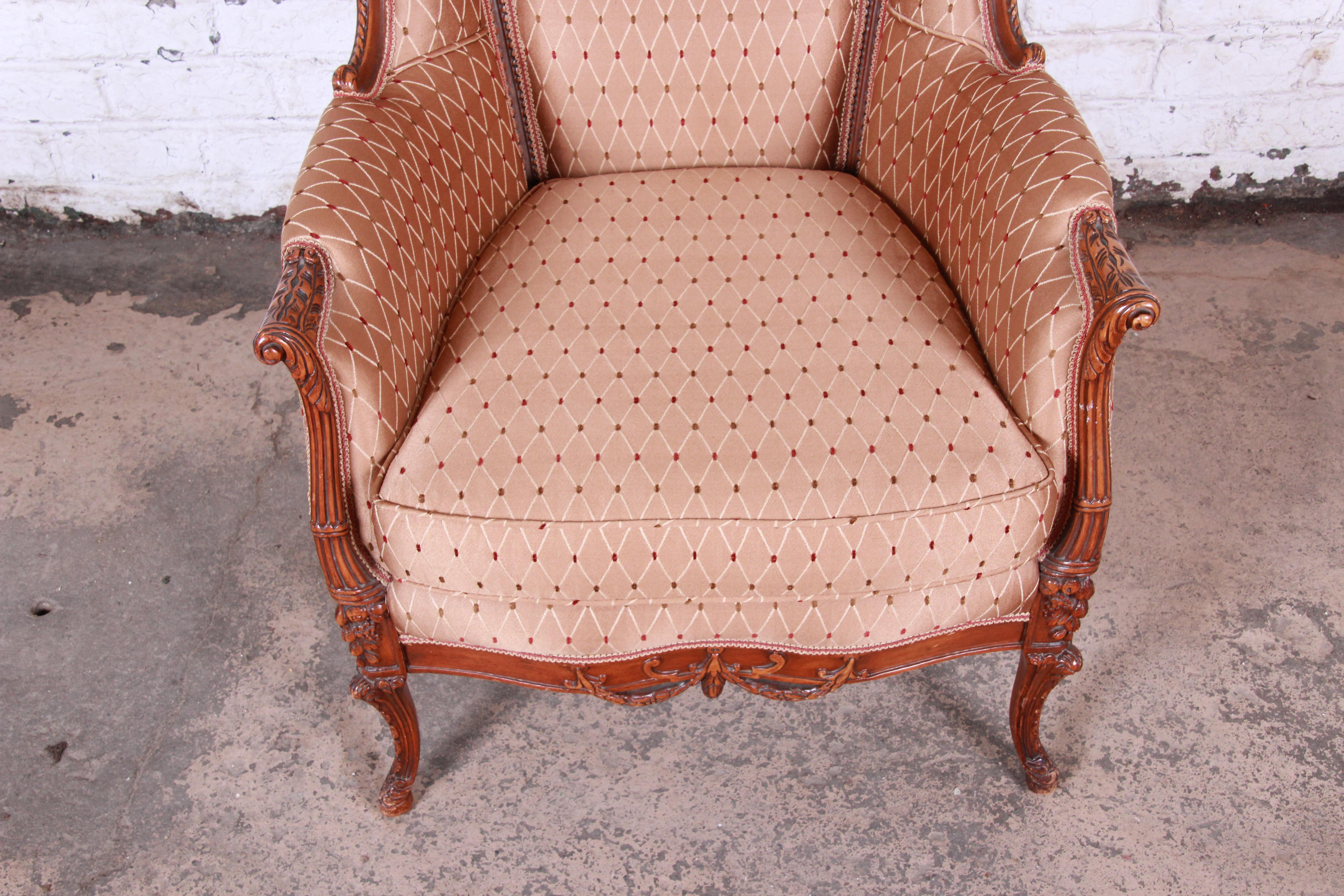 Upholstery Antique French Carved Wing Back Lounge Chair