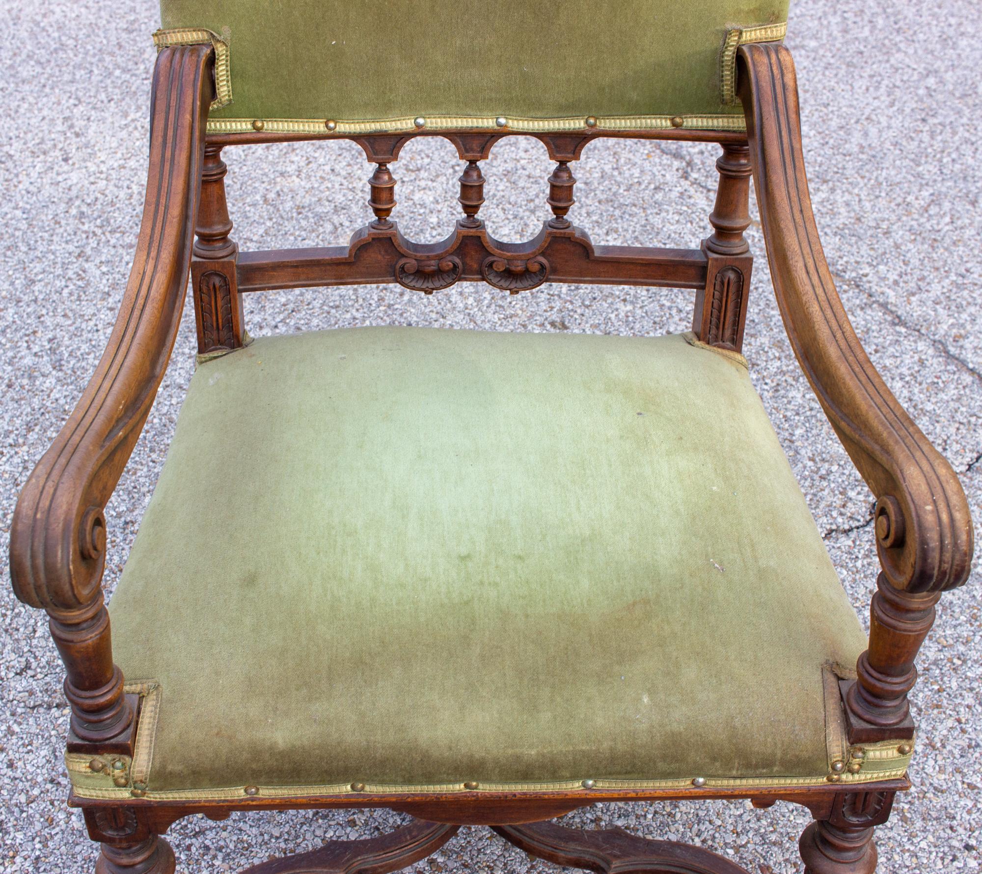 Antique French Carved Wood Armchair with Green Velvet Upholstery 1