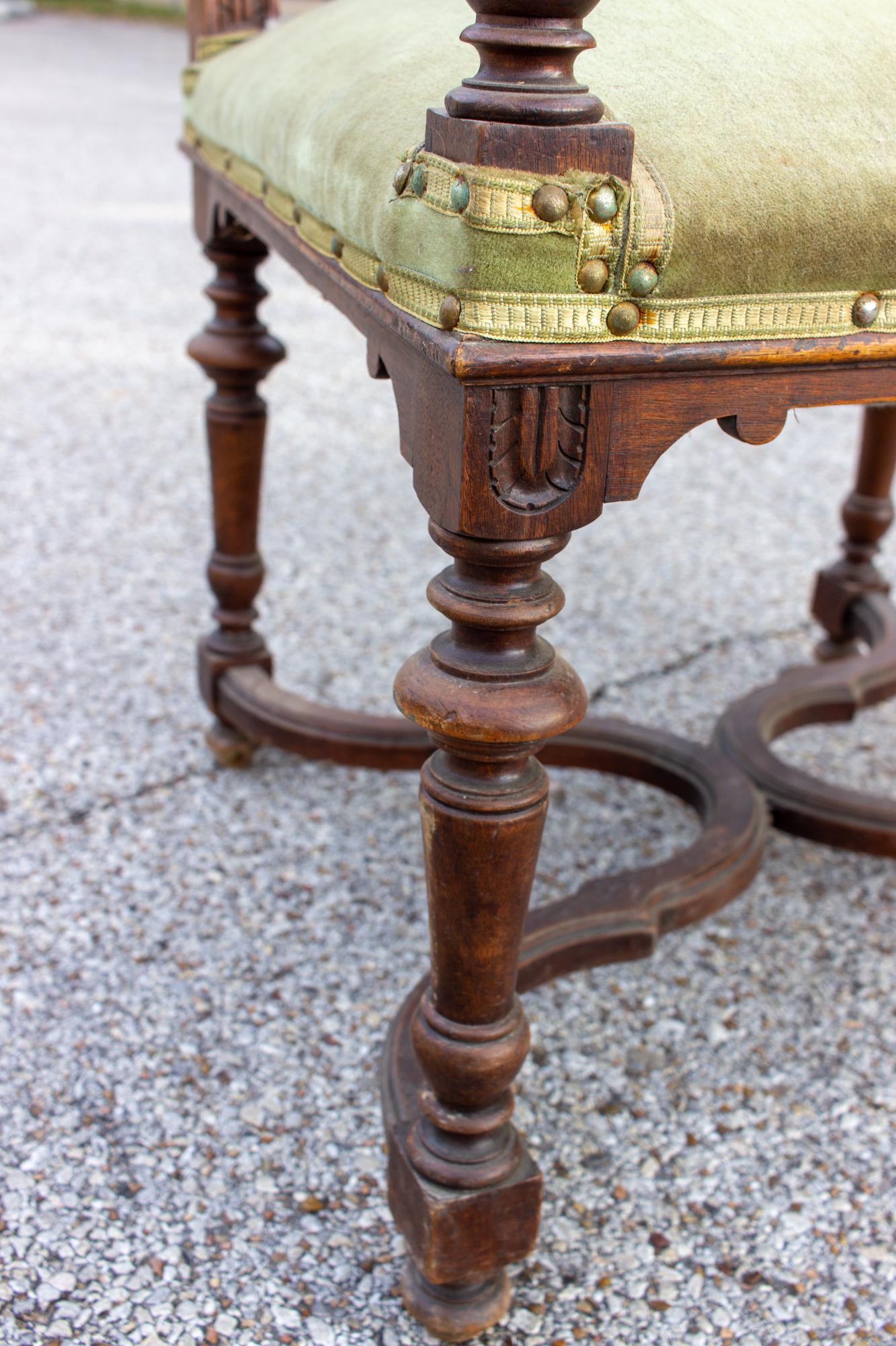 Antique French Carved Wood Armchair with Green Velvet Upholstery 4