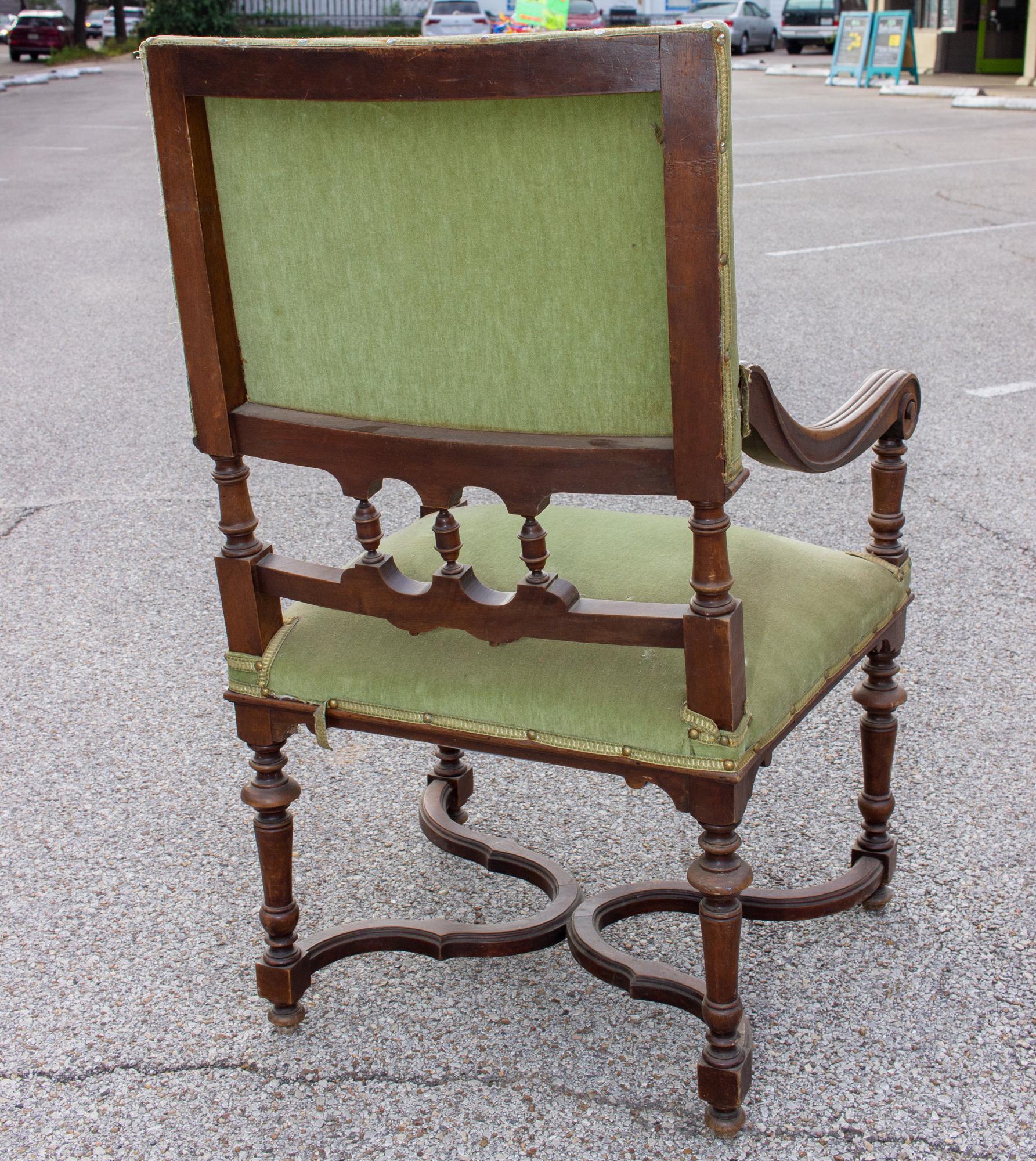 Louis XIII Antique French Carved Wood Armchair with Green Velvet Upholstery