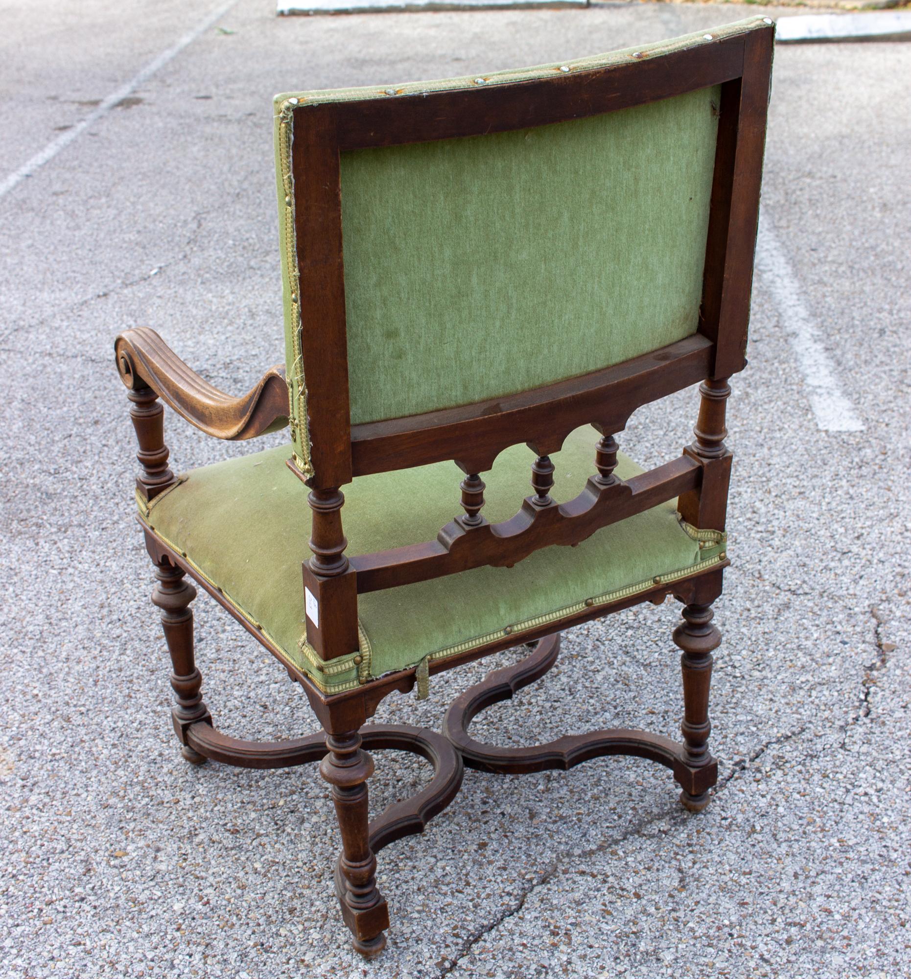 Hand-Carved Antique French Carved Wood Armchair with Green Velvet Upholstery
