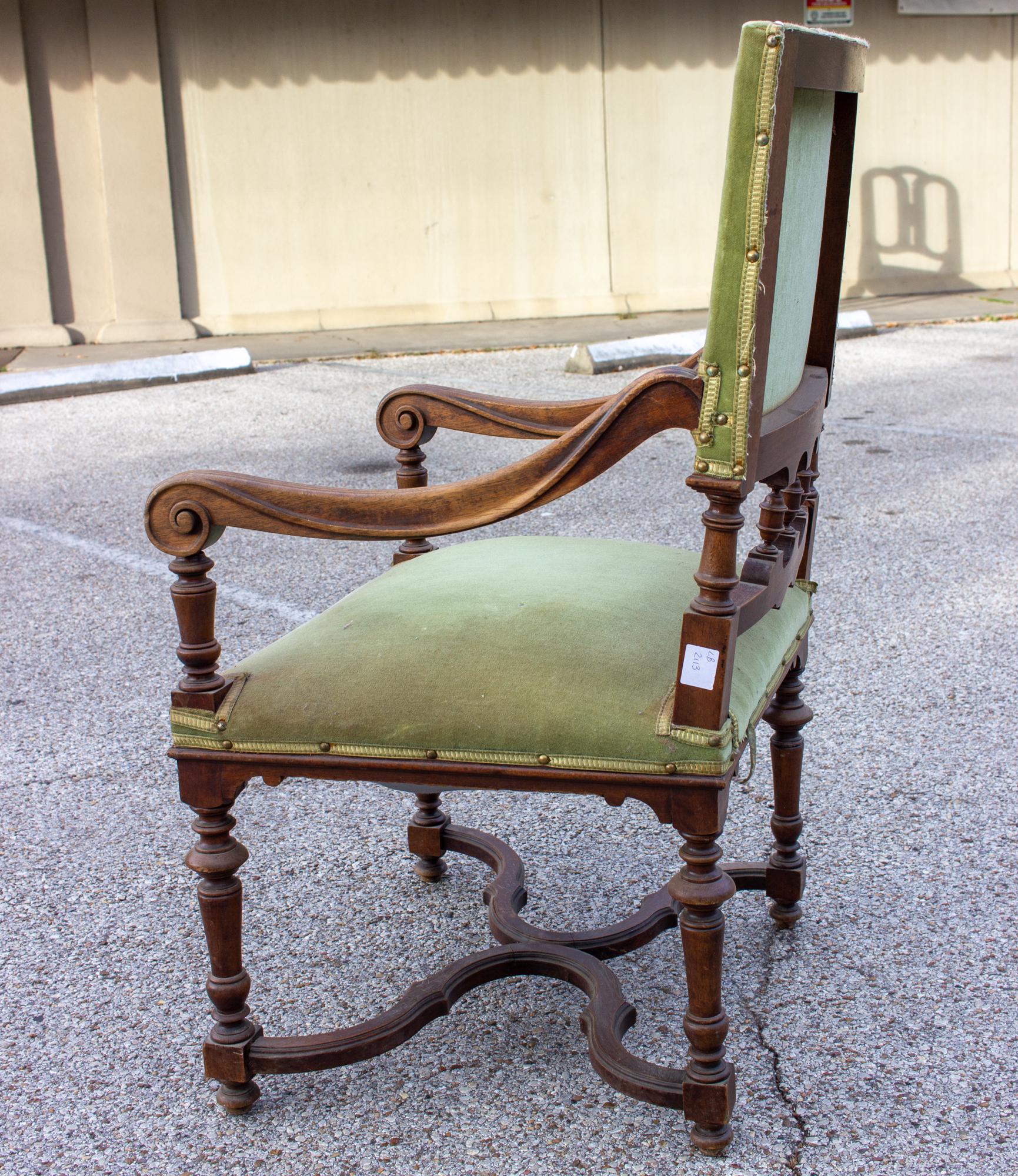 Antique French Carved Wood Armchair with Green Velvet Upholstery In Good Condition In Houston, TX