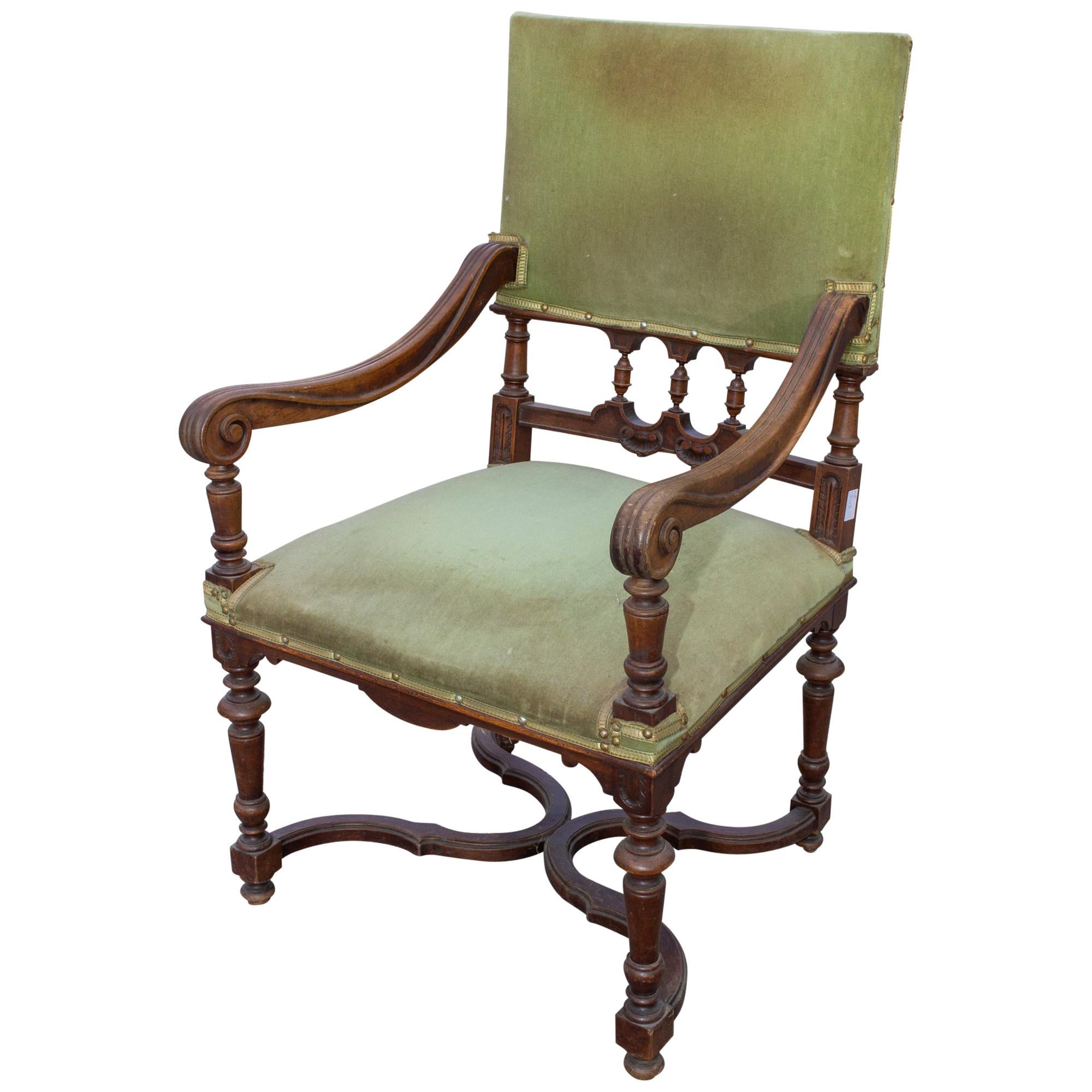 Antique French Carved Wood Armchair with Green Velvet Upholstery