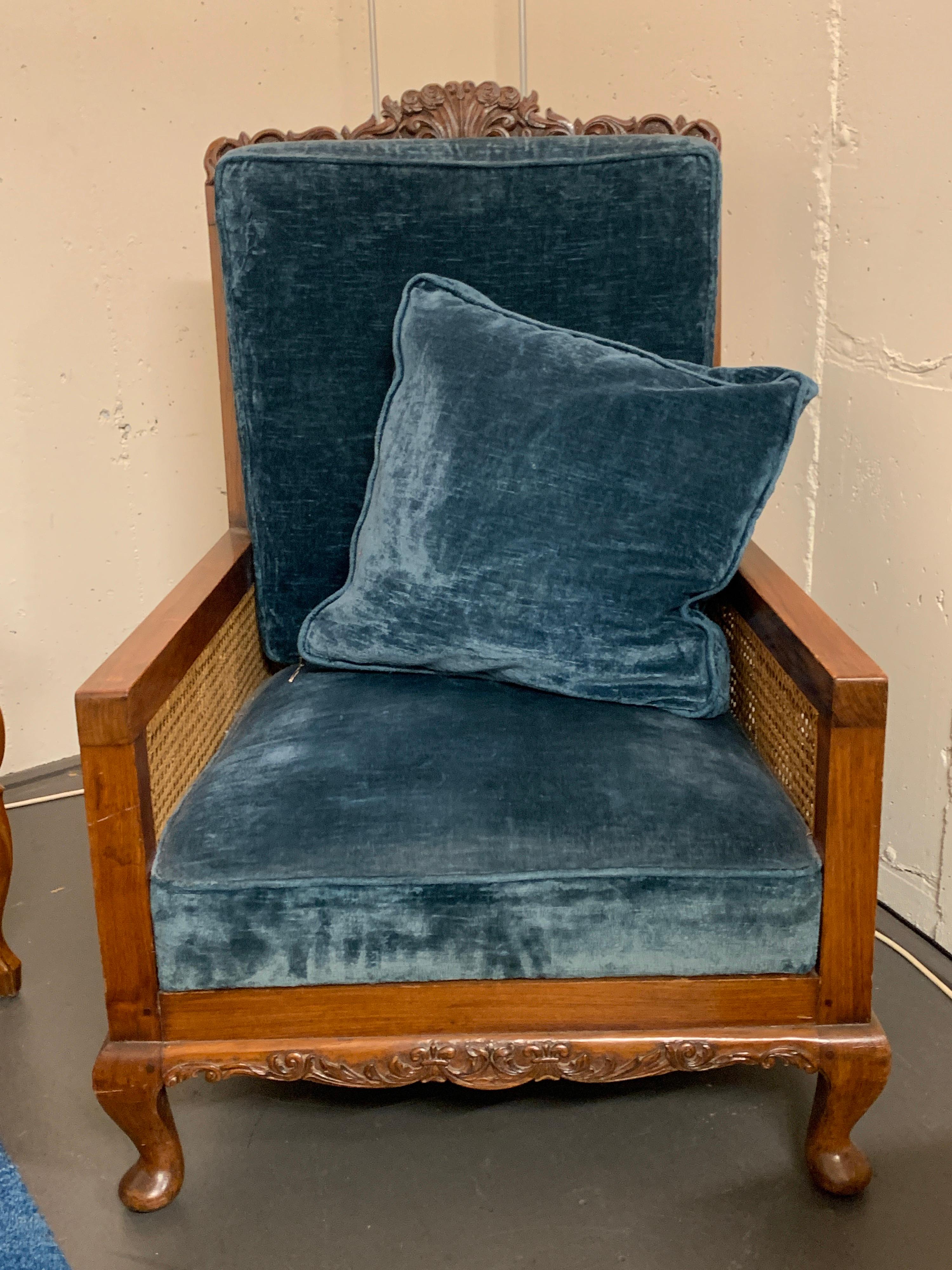 Beautiful wooden cane blue antique armchair.