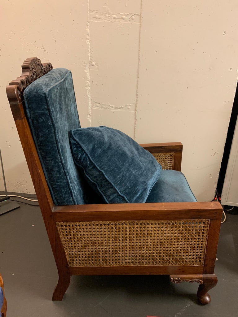 Antique French Carved Wood Blue Cane Bergere Armchair at 1stDibs
