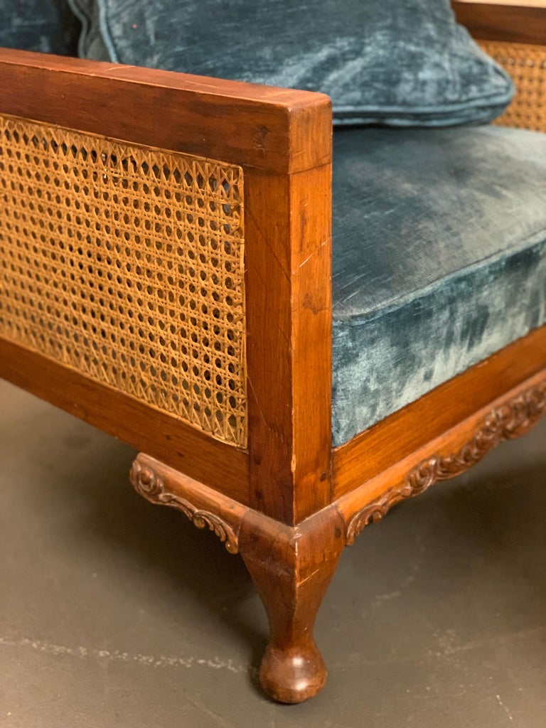 Antique French Carved Wood Blue Cane Bergere Armchair at 1stDibs