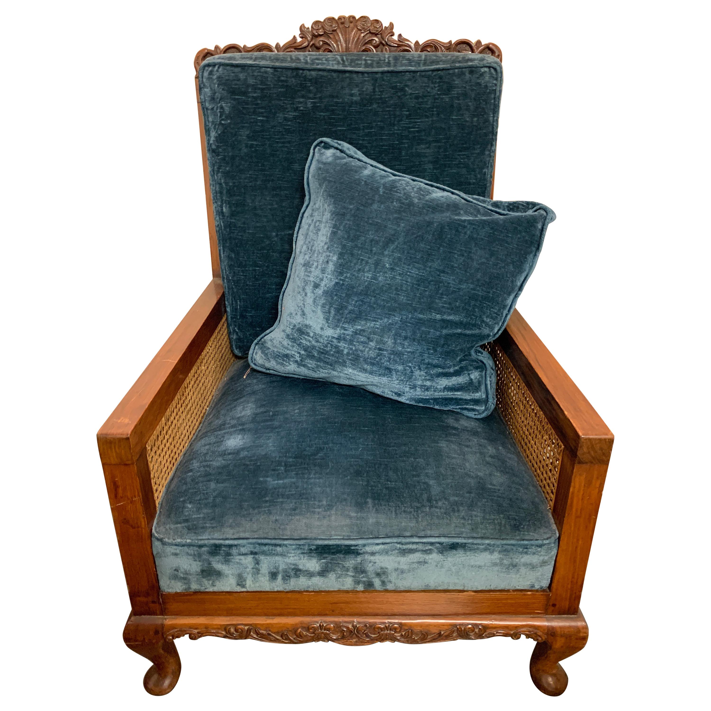 Antique French Carved Wood Blue Cane Bergere Armchair at 1stDibs