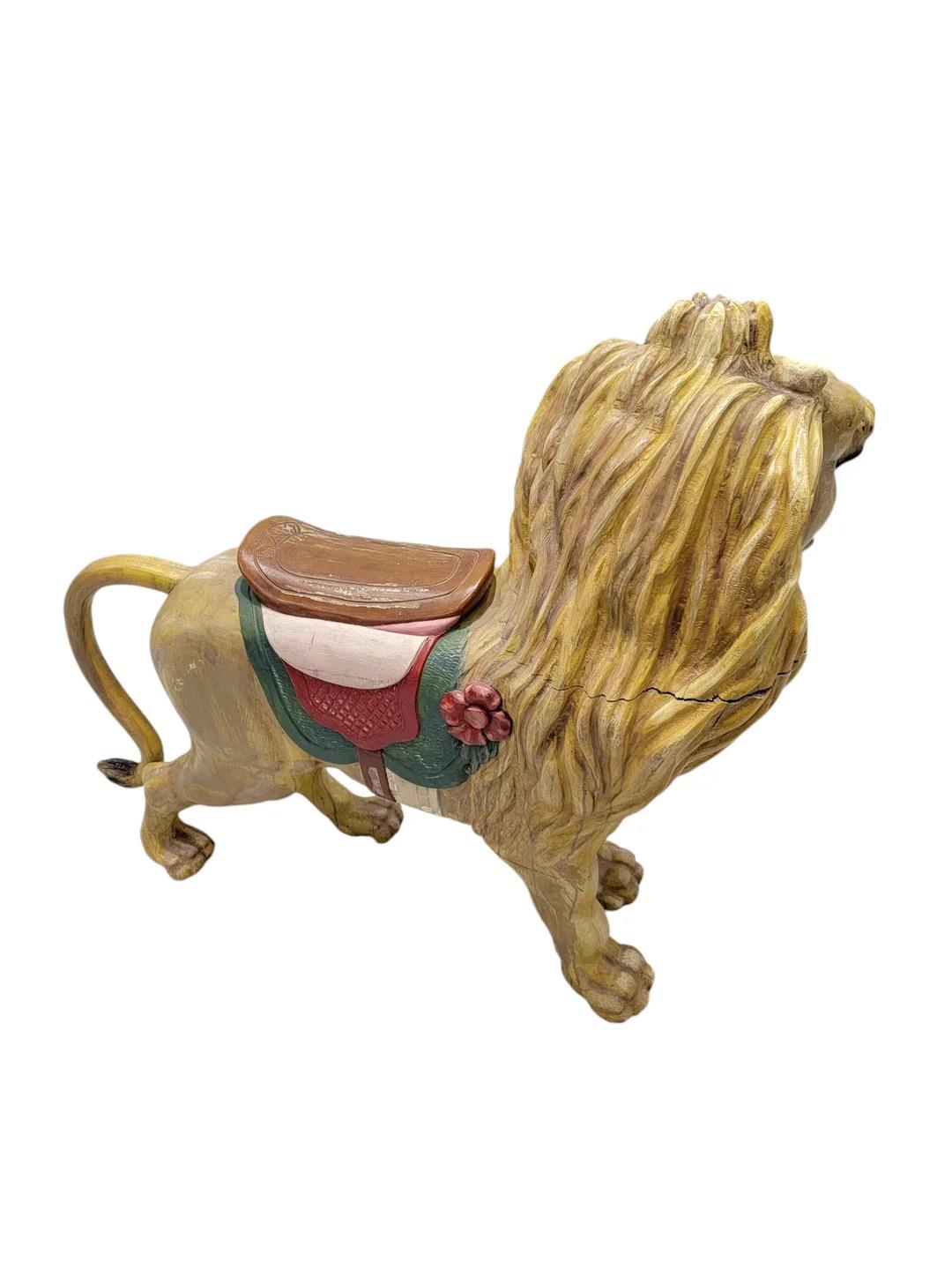 Victorian Antique French Carved Wood Hand Painted Carousel Lion Statue