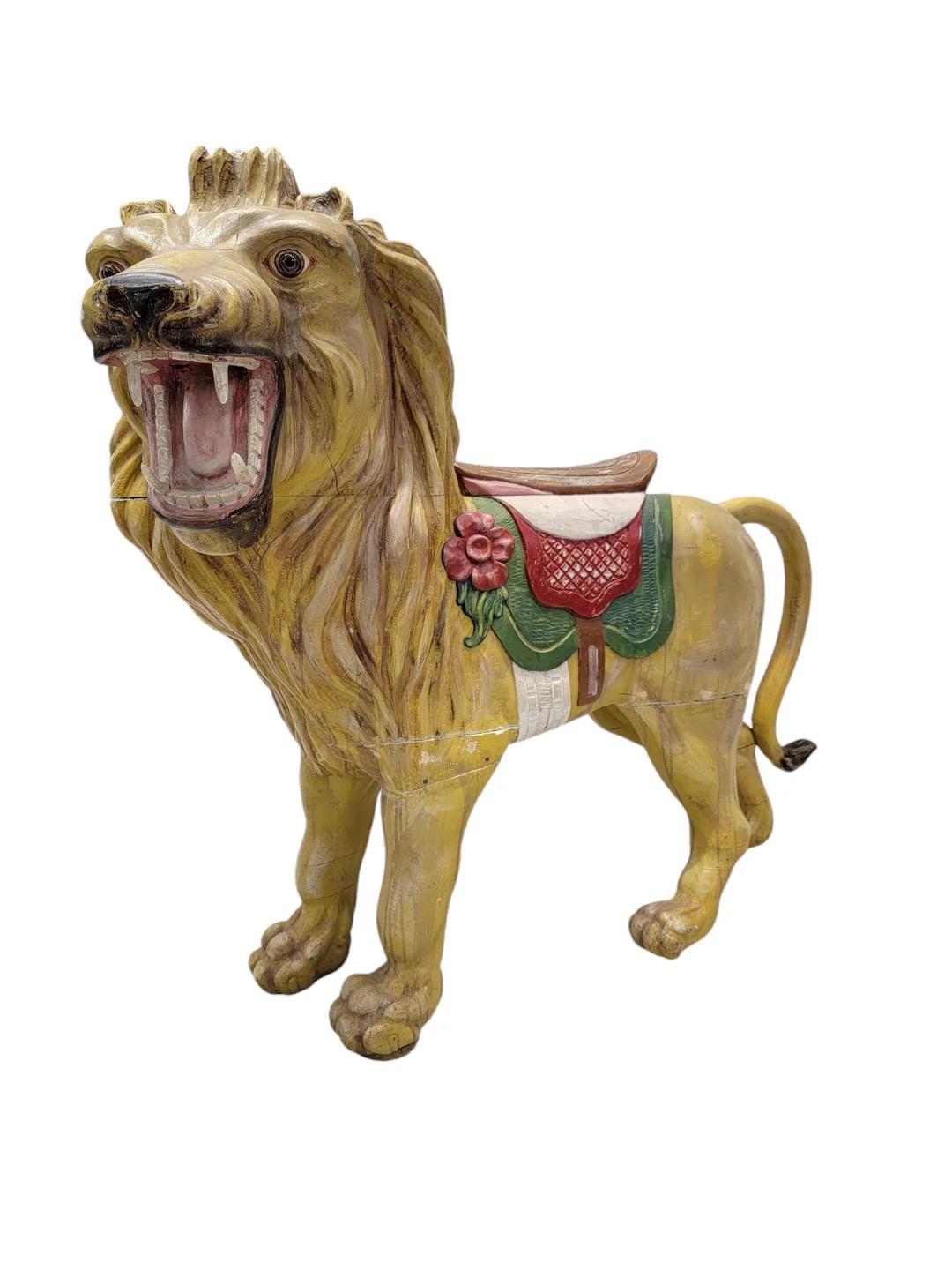 Unknown Antique French Carved Wood Hand Painted Carousel Lion Statue