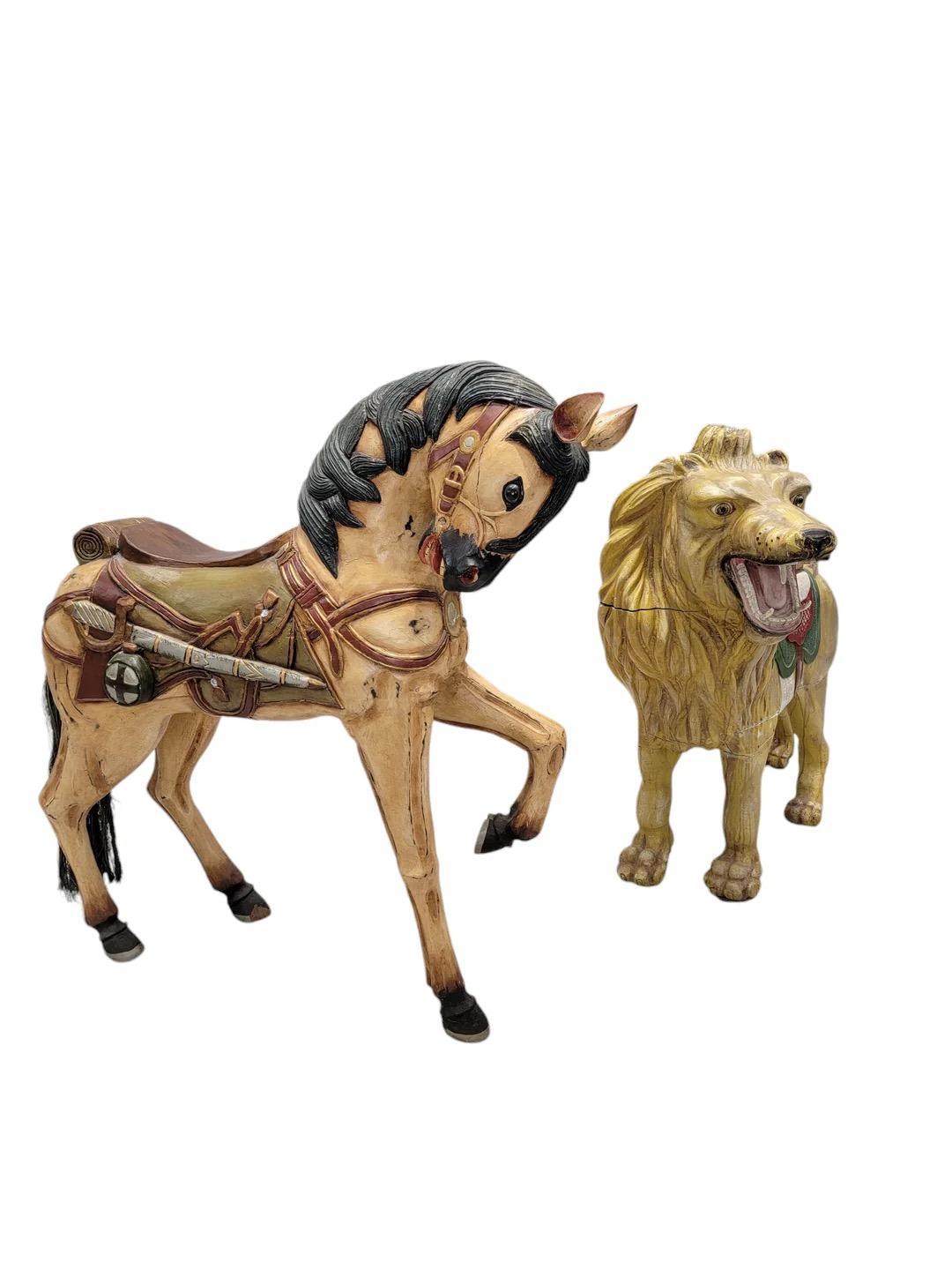 20th Century Antique French Carved Wood Hand Painted Carousel Lion Statue