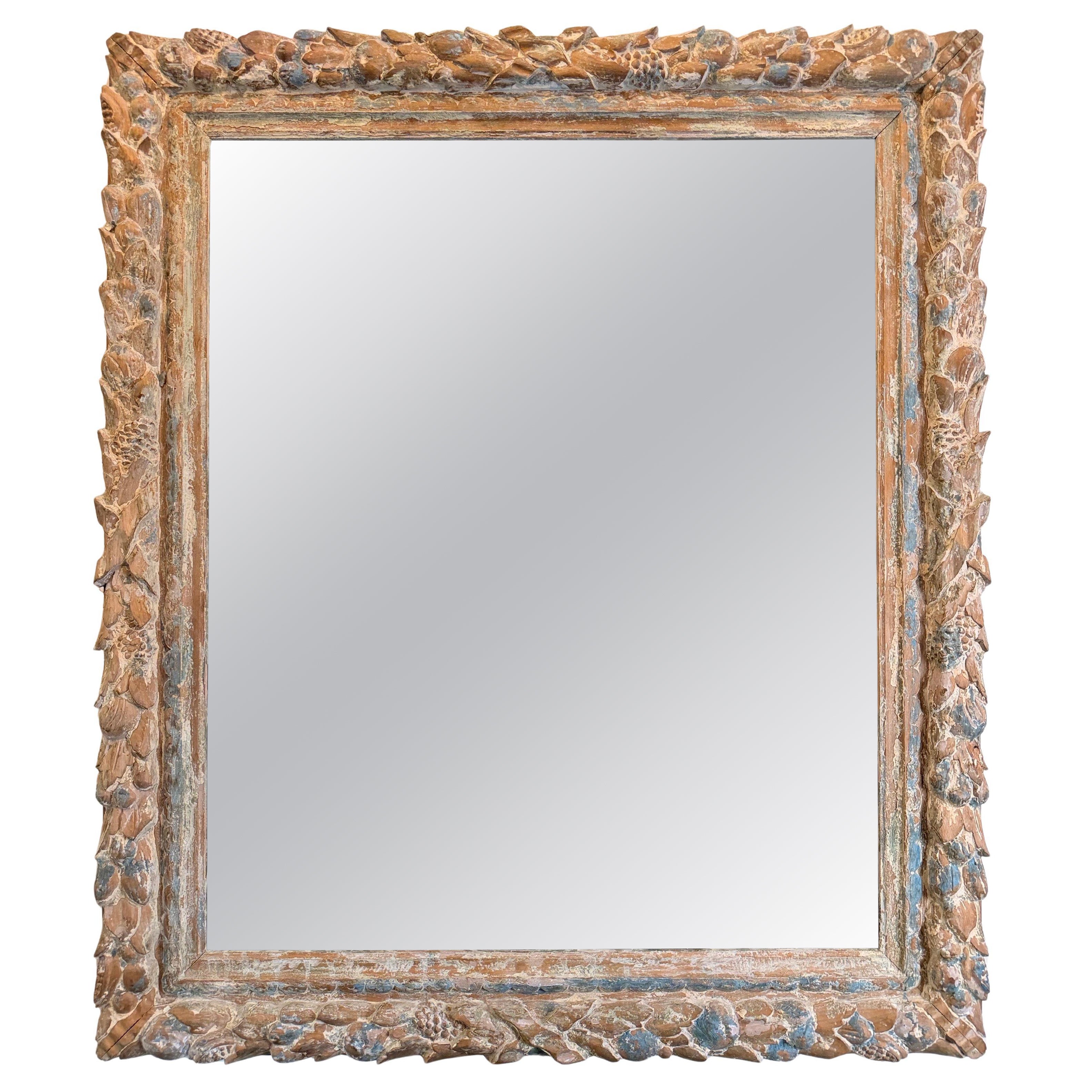 Antique French Mirror with Hand-Carved Frame and Original Glass