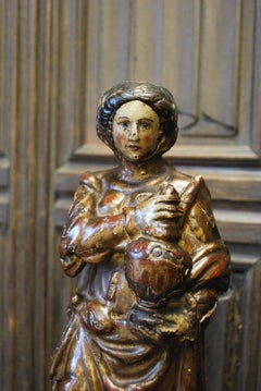 Antike französische, polychrome, geschnitzte Holzfigur