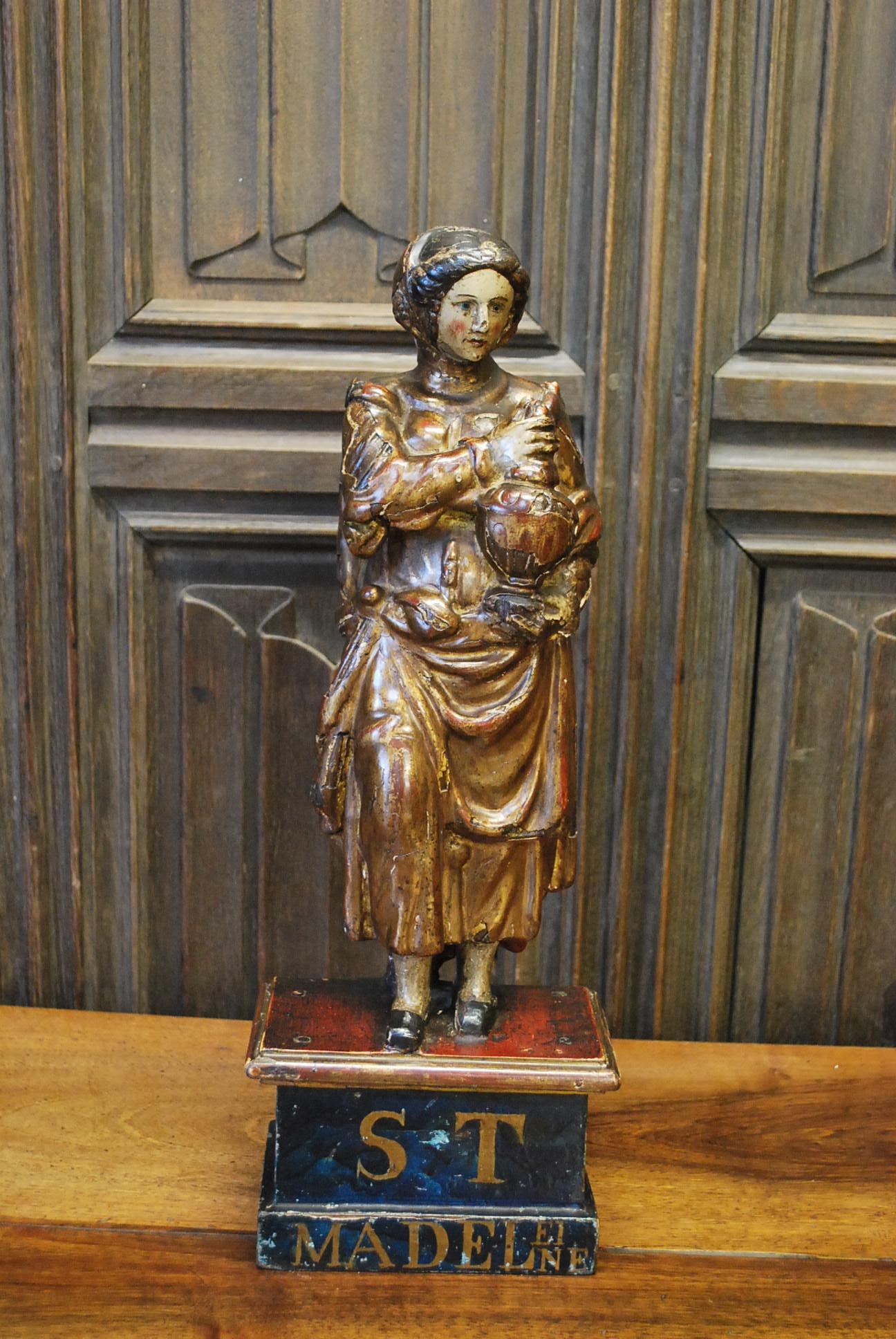 Fruitwood Antique French Carved Wood Polychrome Figure For Sale
