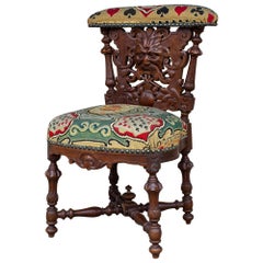 Antique French Carved Wood Smoking Chair with Embroidered Upholstery, circa 1900