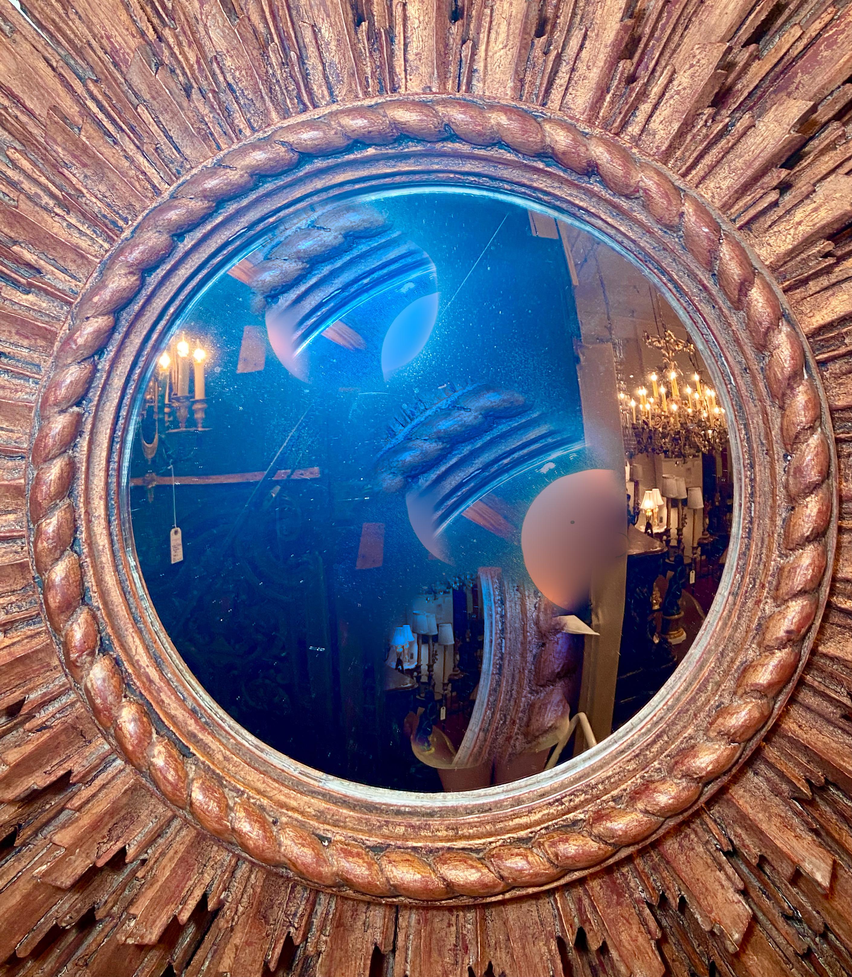 20th Century Antique French Carved Wood with Gold Leaf Starburst Mirror, Circa 1920