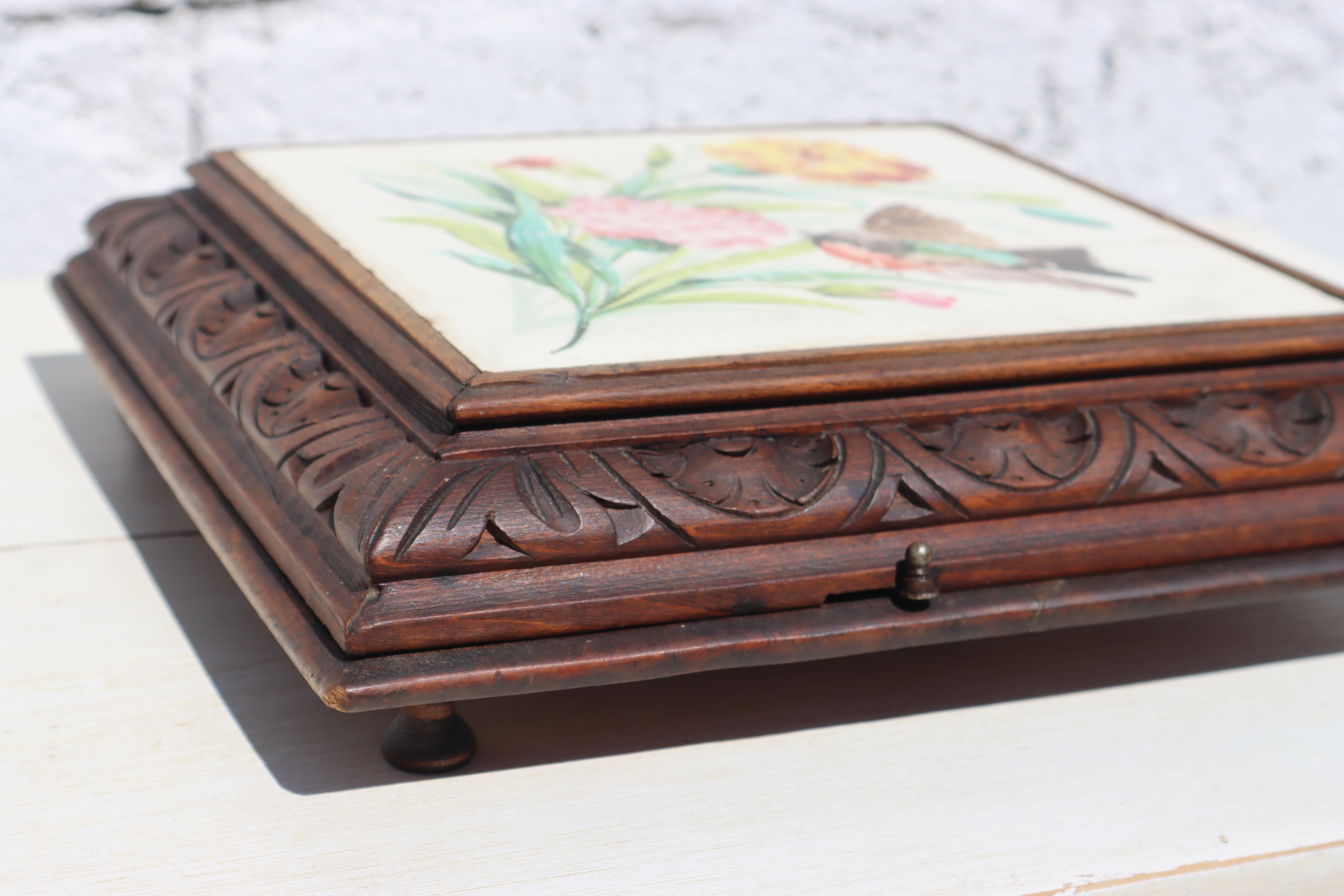 Early 20th Century Antique French carved wooden Music Box Trivet-hand painted Ceramic Surface-20s For Sale
