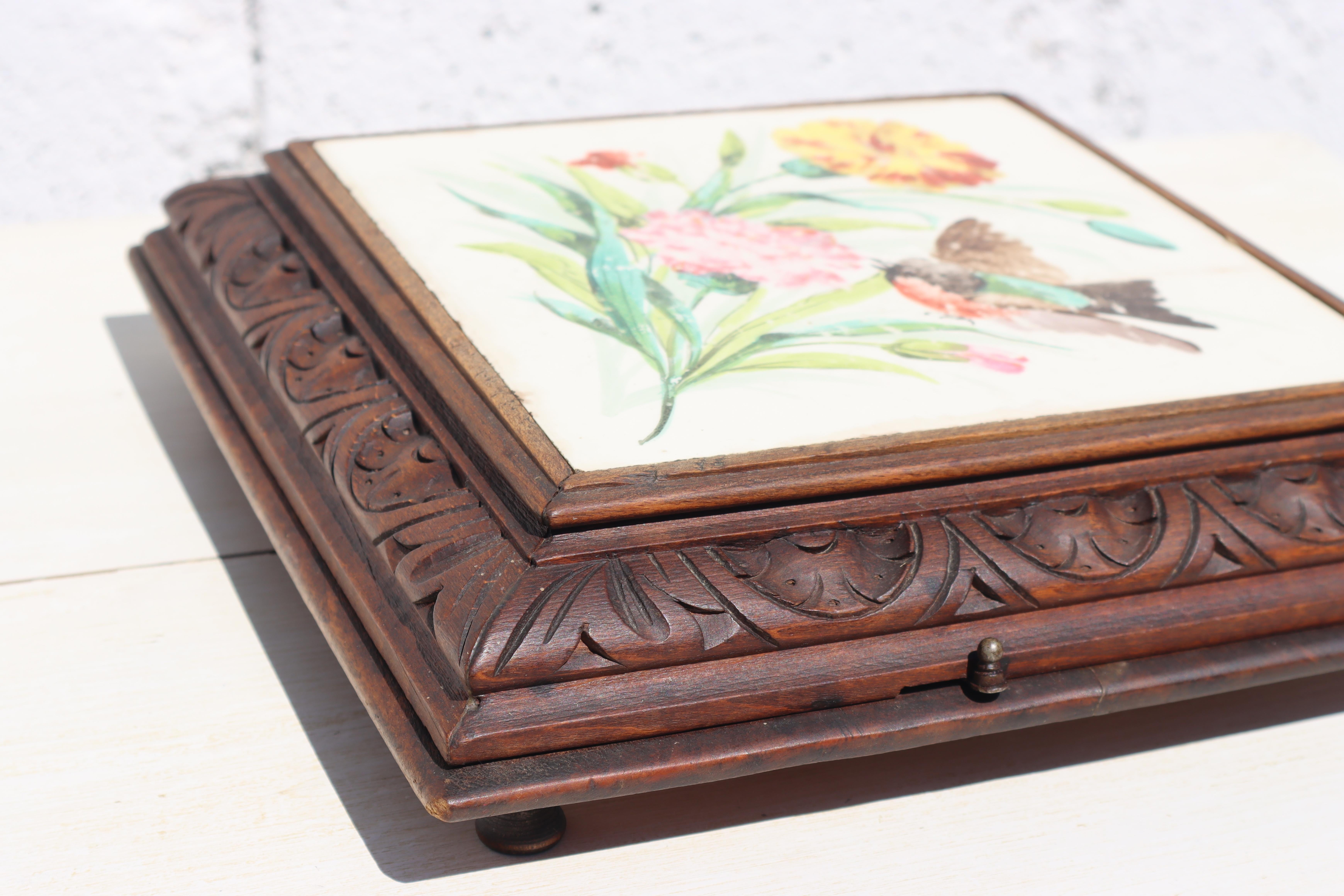 Walnut Antique French carved wooden Music Box Trivet-hand painted Ceramic Surface-20s For Sale