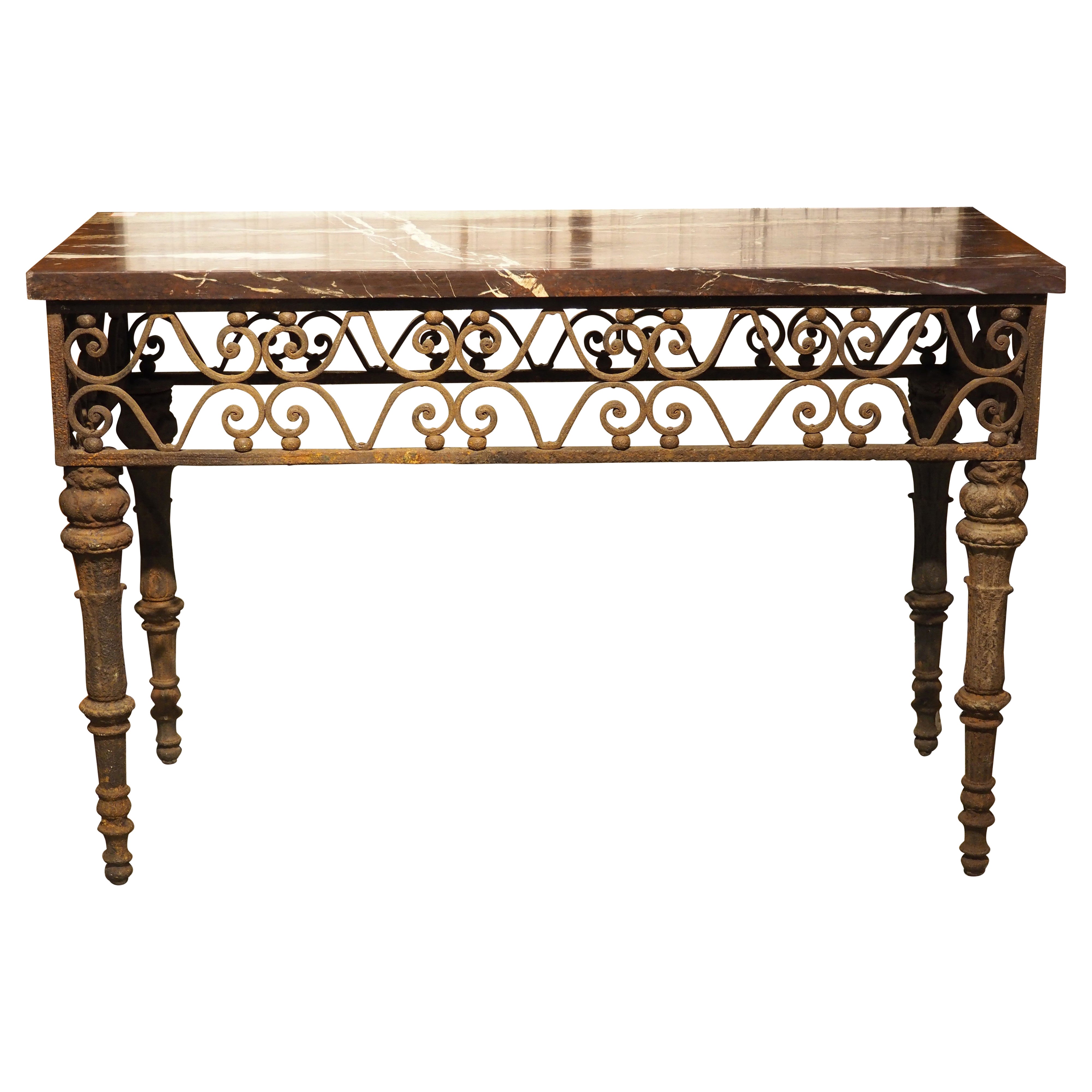 Antique French Cast and Wrought Iron Console Table with Rouge Griotte Marble Top