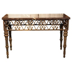 Antique French Cast and Wrought Iron Console Table with Rouge Griotte Marble Top