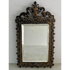 Antique French Cast Brass Coat of Arms Wall Mirror, Early 20th Century