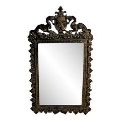 Antique French Cast Brass Coat of Arms Wall Mirror, Early 20th Century