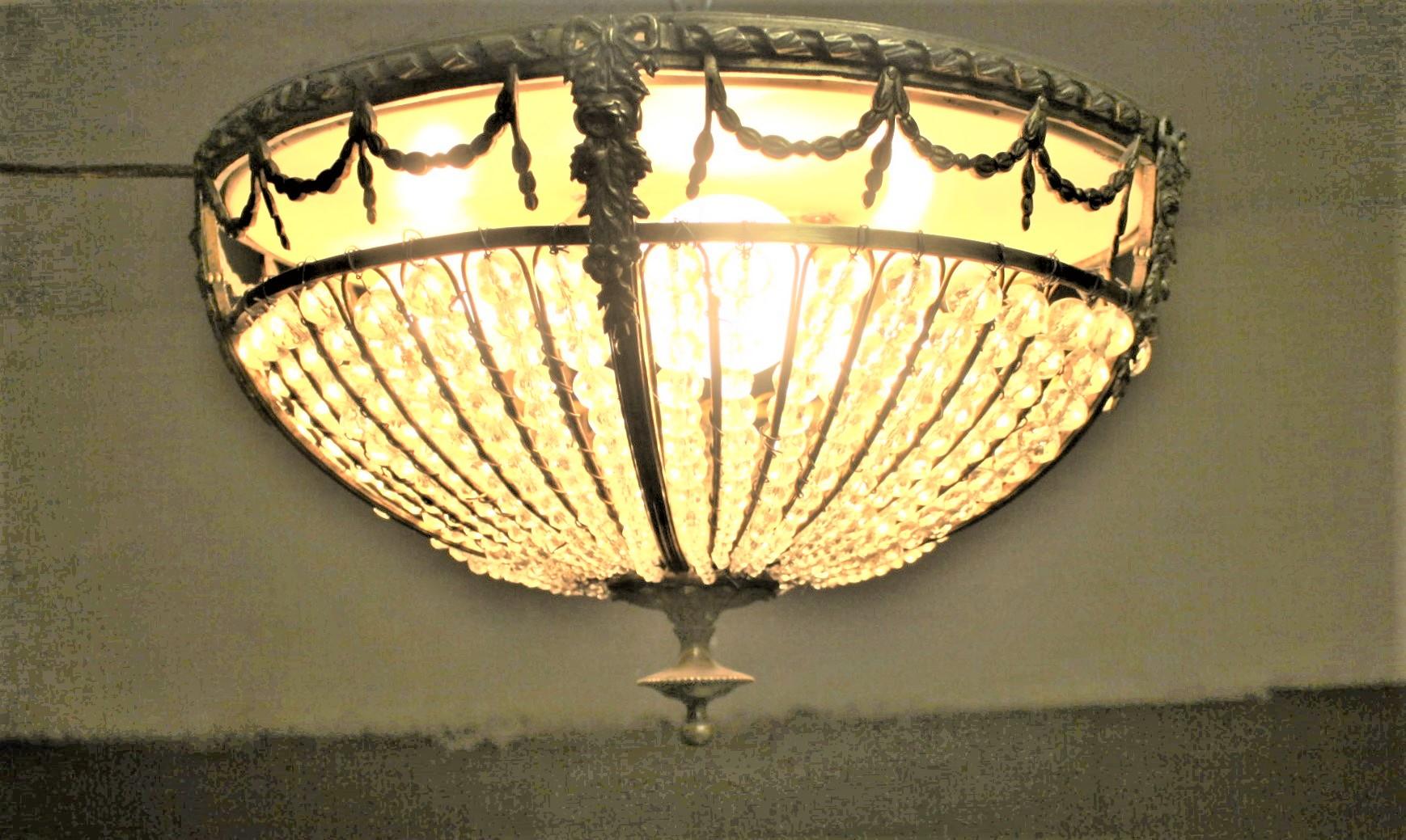 Antique French Cast Bronze and Beaded Crystal Flush Mount Ceiling Light Fixture 2