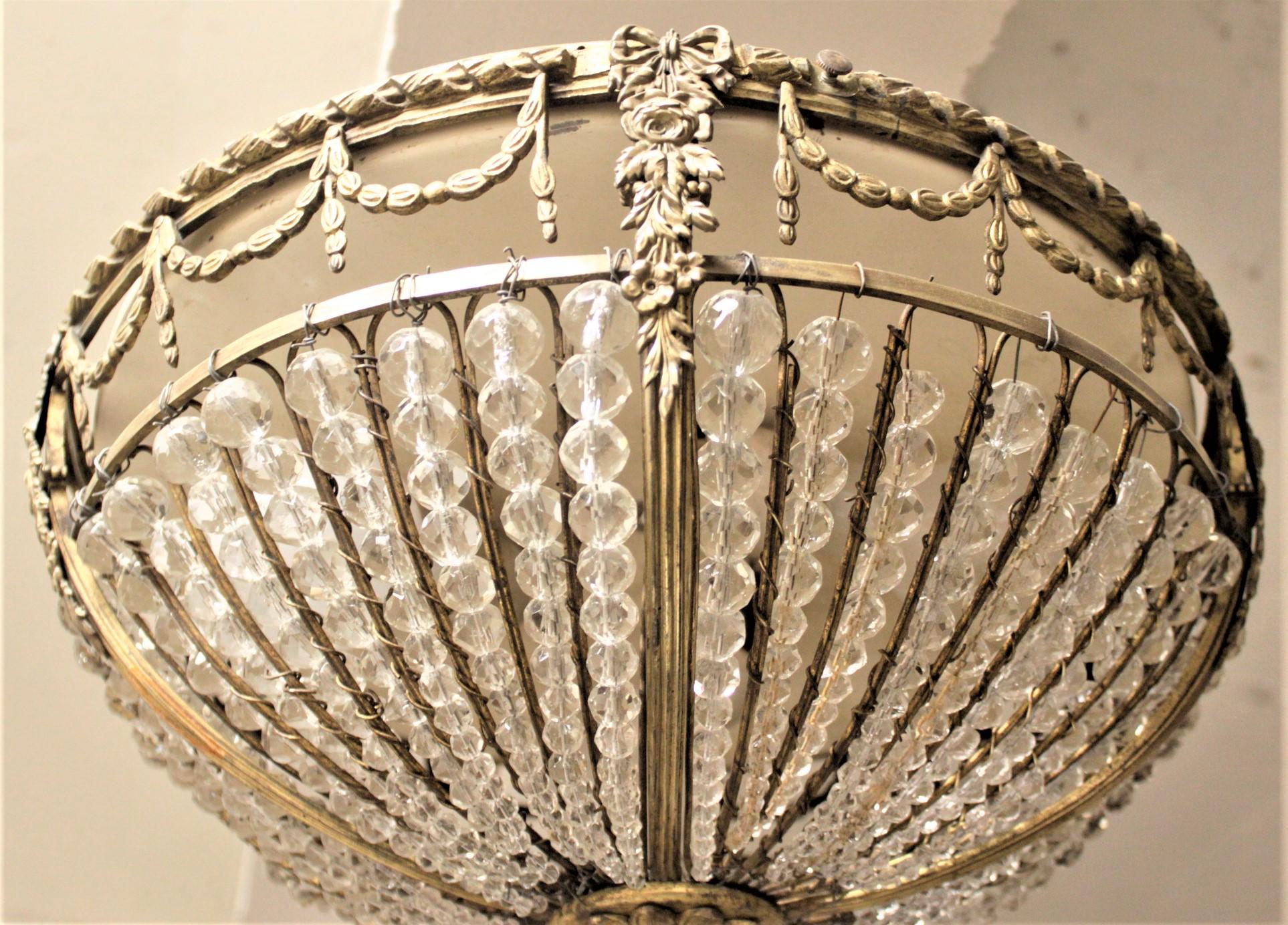 Antique French Cast Bronze and Beaded Crystal Flush Mount Ceiling Light Fixture 5