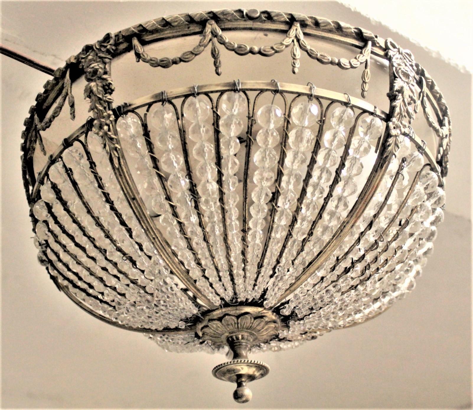Antique French Cast Bronze and Beaded Crystal Flush Mount Ceiling Light Fixture 10