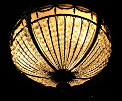 Antique French Cast Bronze and Beaded Crystal Flush Mount Ceiling Light Fixture