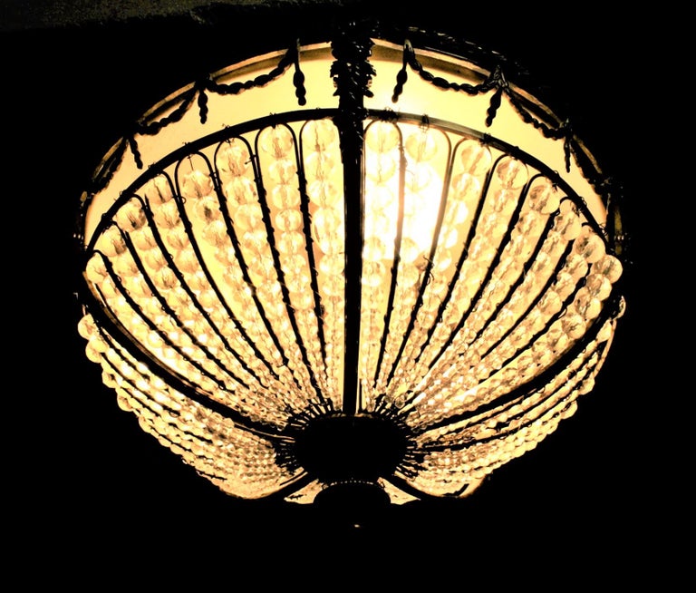 Antique French Cast Bronze and Beaded Crystal Flush Mount Ceiling Light