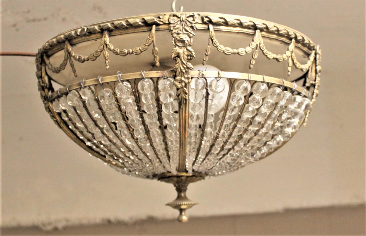 Antique French Cast Bronze and Beaded Crystal Flush Mount Ceiling Light Fixture In Good Condition In Hamilton, Ontario