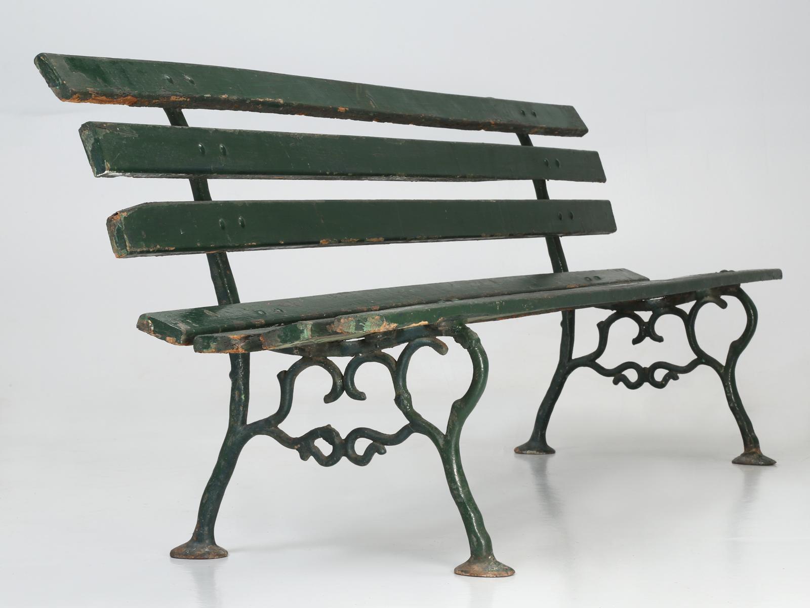 Antique French Cast iron and Wood Garden Bench in Old Paint 6