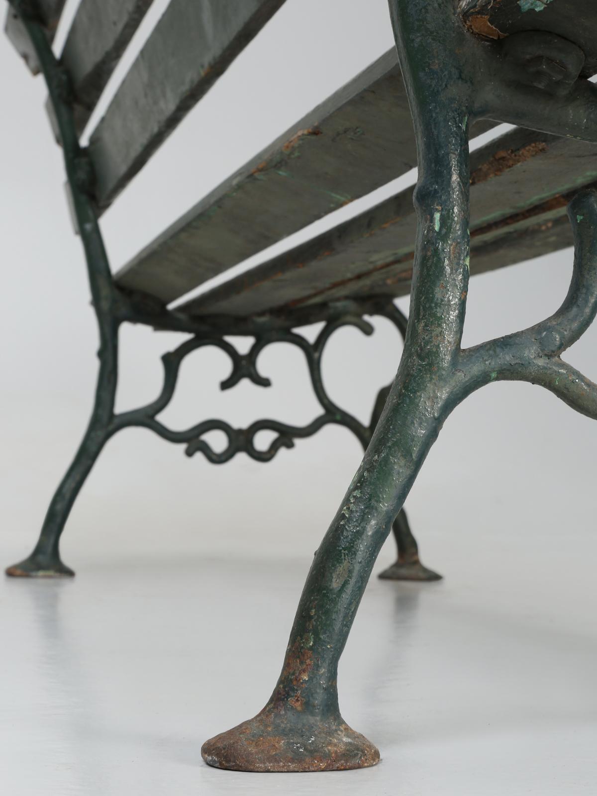Antique French Cast iron and Wood Garden Bench in Old Paint 10