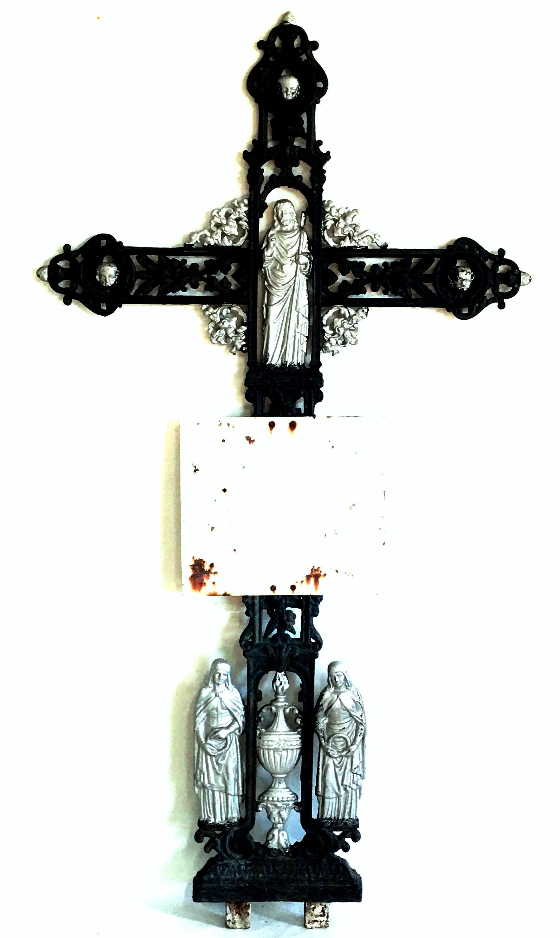 Antique French Painted Cast Iron Black & Silver Louis XVI Style Grave Marker-Crucifix. Features amazing high relief detail on both sides and is accented with silver leaf detail. Depicting Jesus as a Shepard Louis XVI design elements. Mask faces