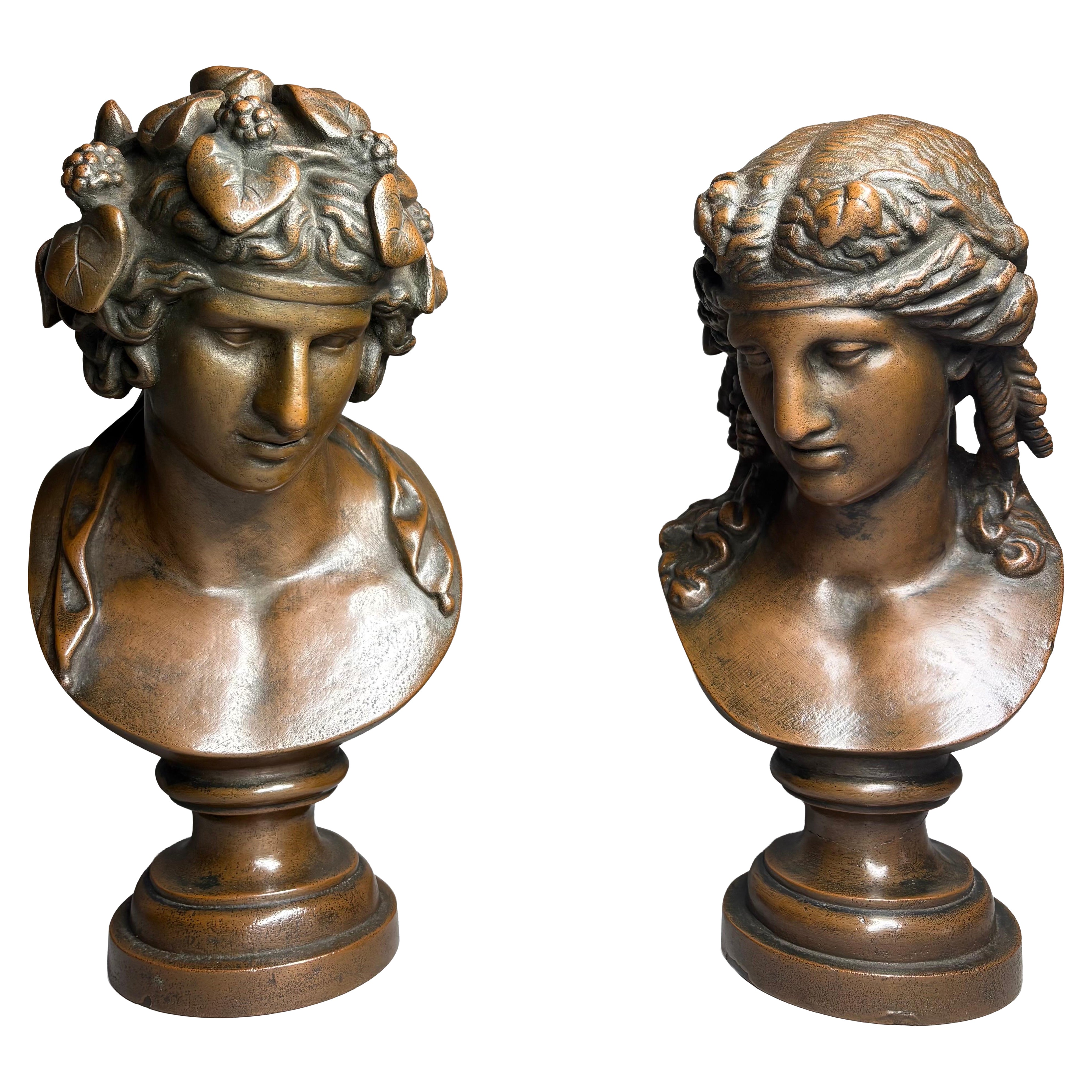 Antique French cast iron brass-plated busts of Antinous as Bacchus and Ariadne