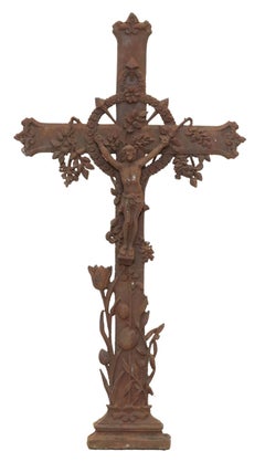 Antique French Cast Iron Crucifix Cross, 19th C.