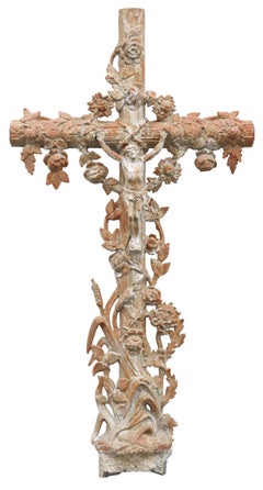 Antique French Cast Iron Faux Bois Crucifix Cross, 19th C.