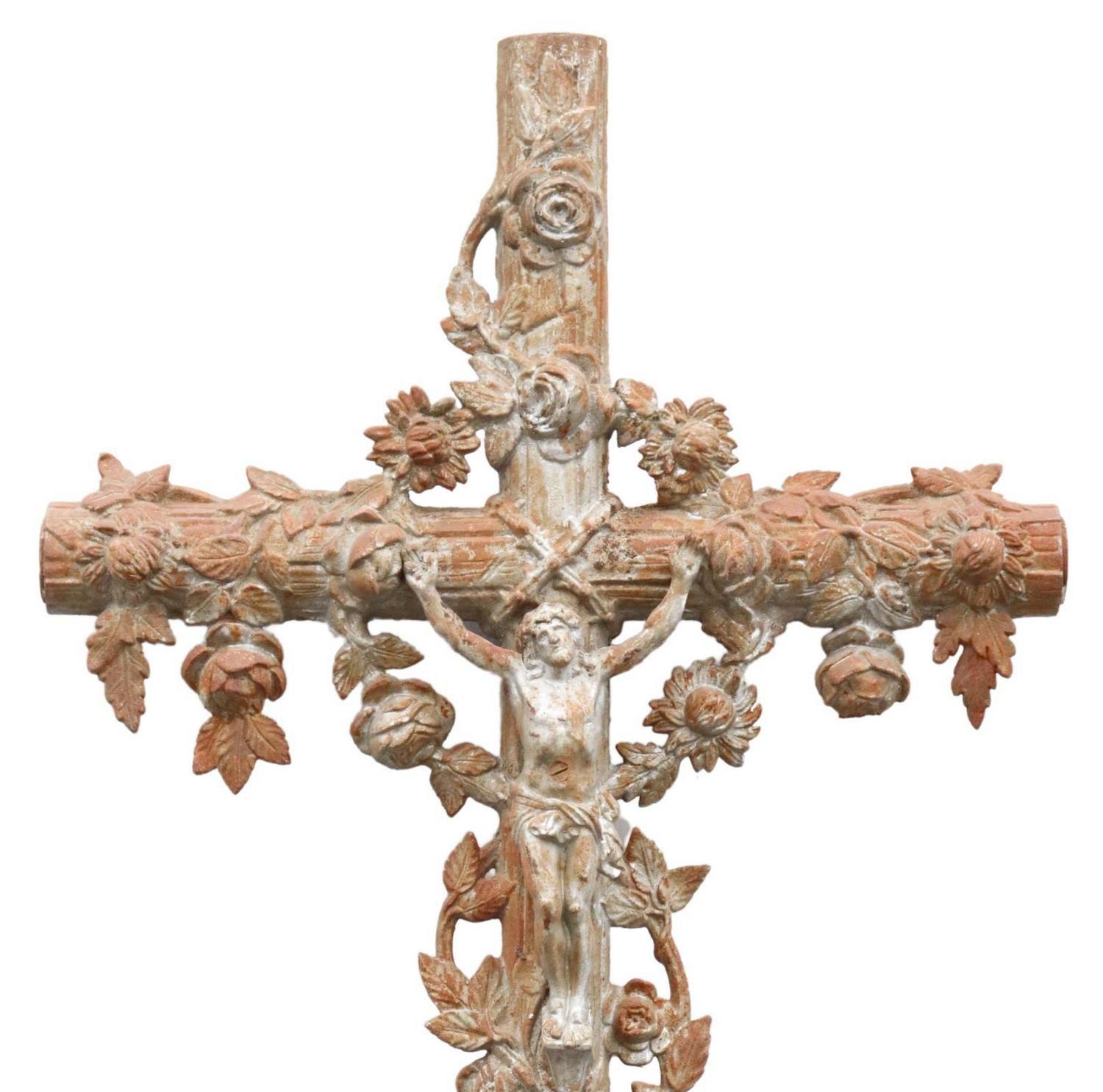 French Provincial Antique French Cast Iron Faux Bois Crucifix Cross, 19th Century For Sale