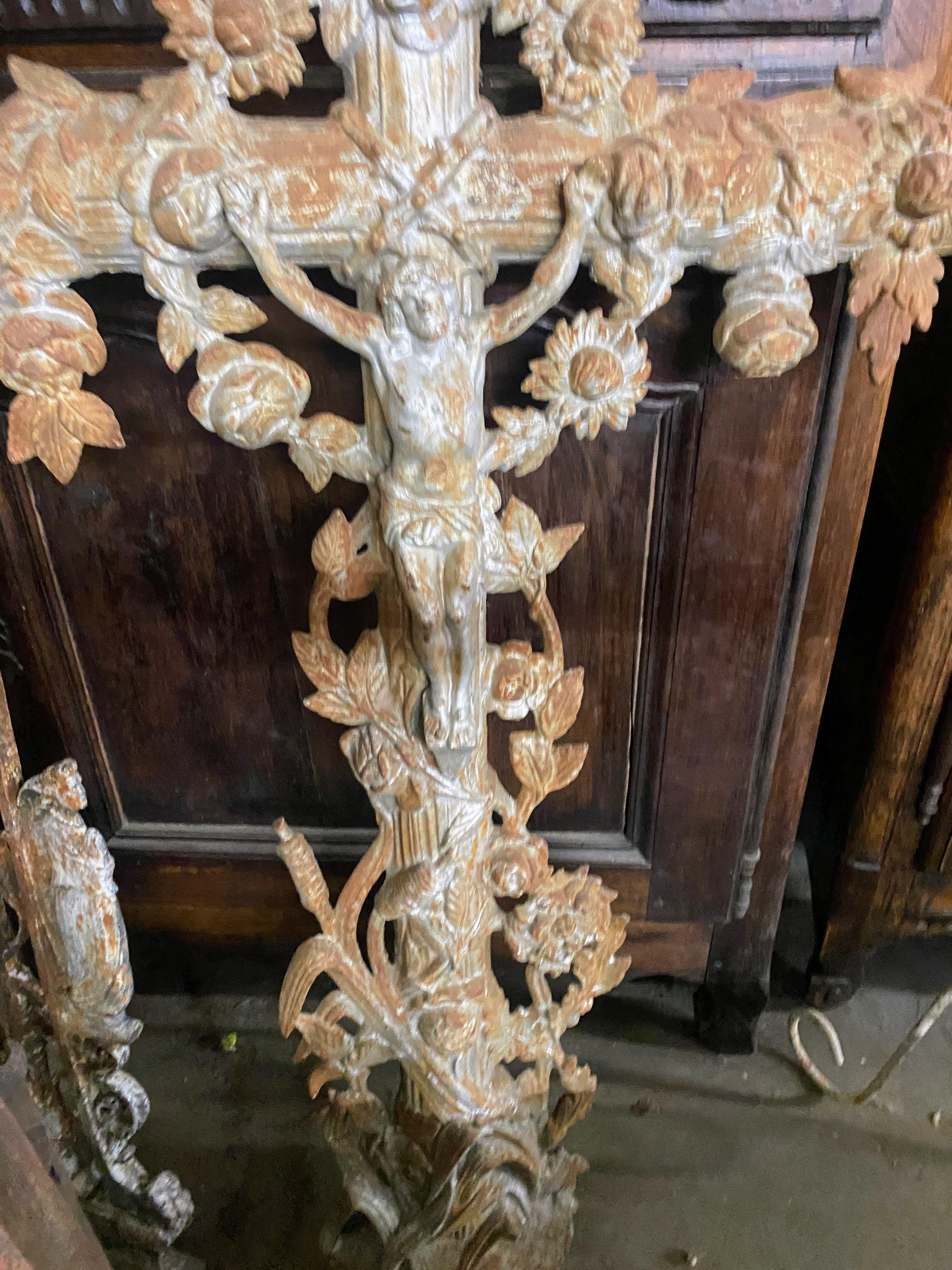 Hand-Crafted Antique French Cast Iron Faux Bois Crucifix Cross, 19th C. For Sale