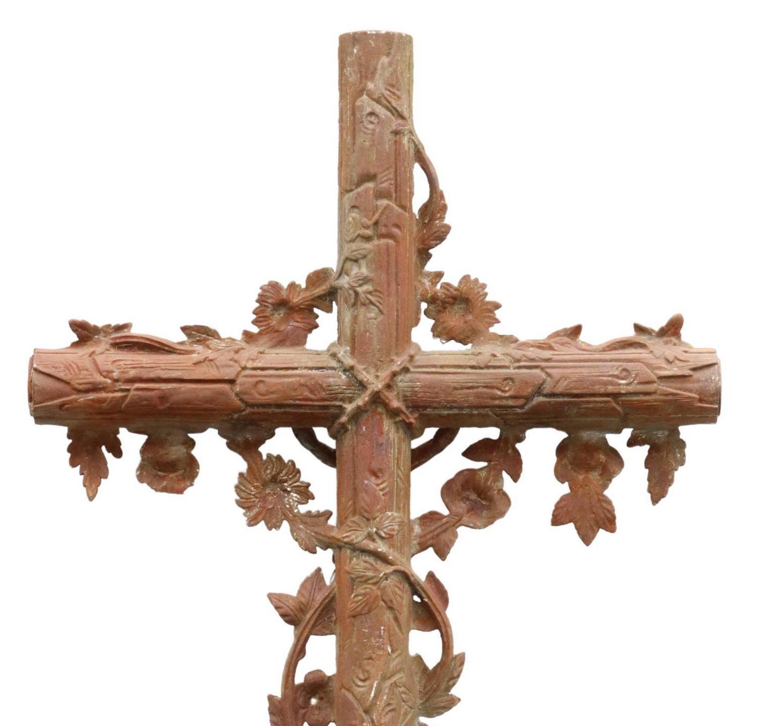 Wrought Iron Antique French Cast Iron Faux Bois Crucifix Cross, 19th Century For Sale