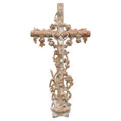 Used French Cast Iron Faux Bois Crucifix Cross, 19th Century